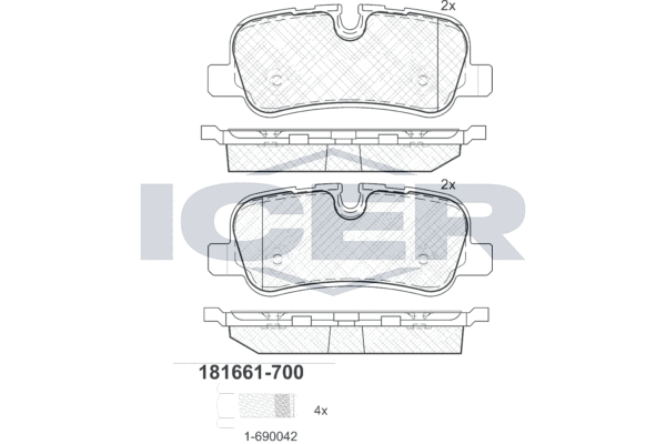Комплект гальмівних накладок, дискове гальмо   181661-700   ICER