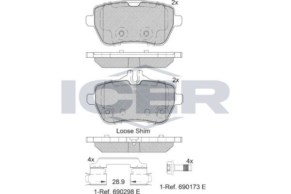 Комплект гальмівних накладок, дискове гальмо   182076   ICER