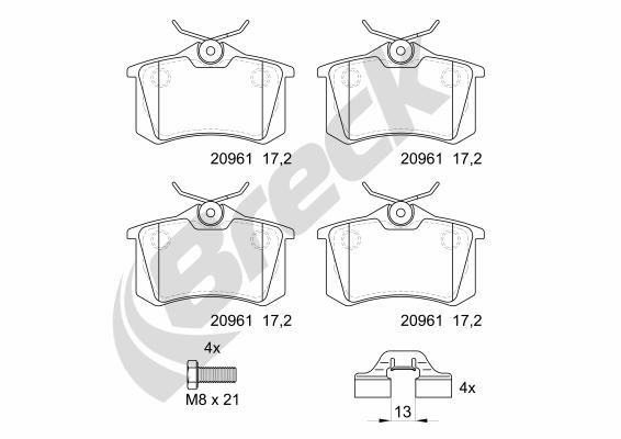 Комплект гальмівних накладок, дискове гальмо   20961 10 704 00   BRECK