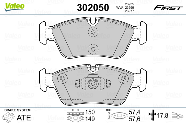 Комплект тормозных колодок, дисковый тормоз   302050   VALEO