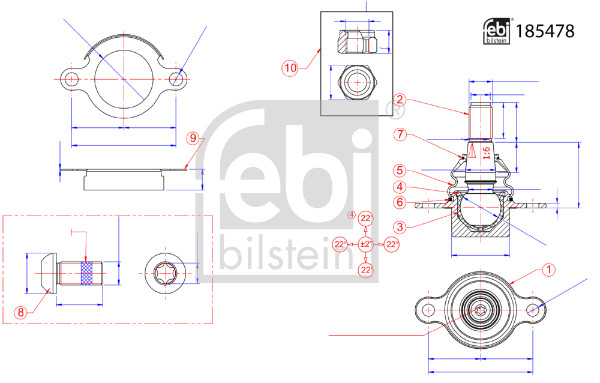 Нижній/верхній кульовий шарнір   185478   FEBI BILSTEIN