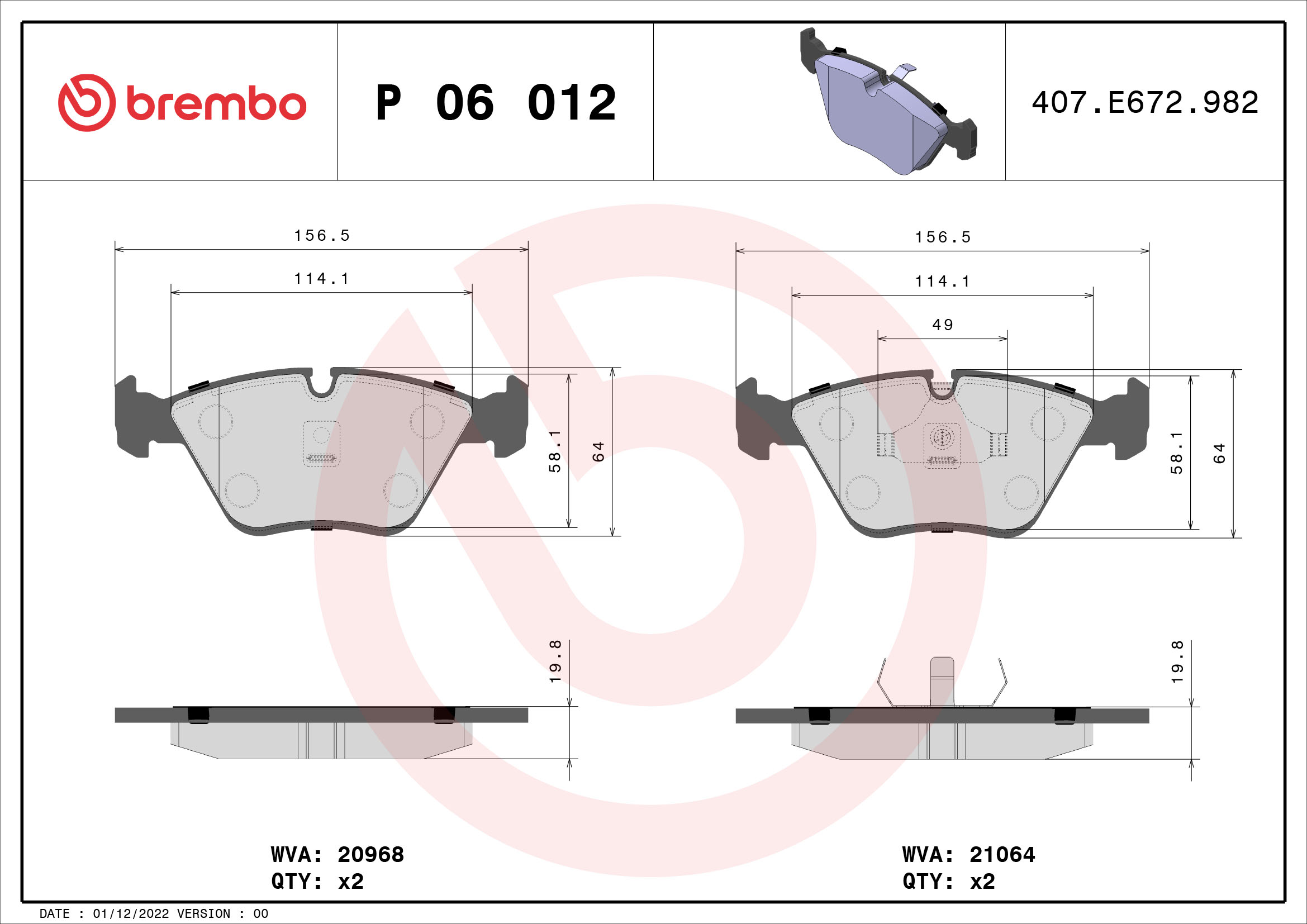 Комплект тормозных колодок, дисковый тормоз   P 06 012   BREMBO