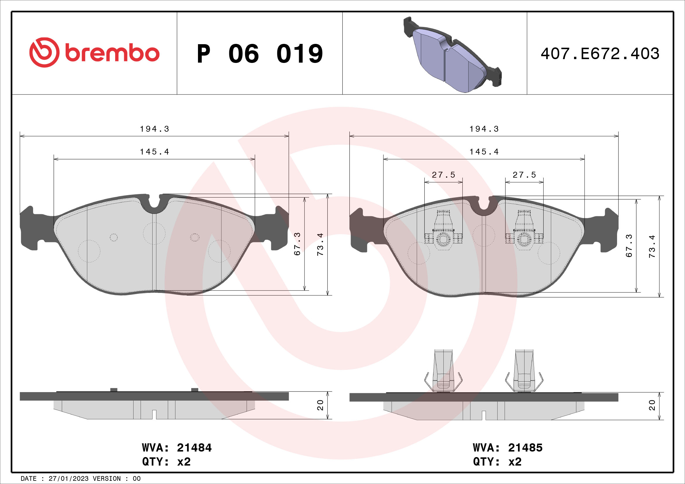 Комплект тормозных колодок, дисковый тормоз   P 06 019   BREMBO