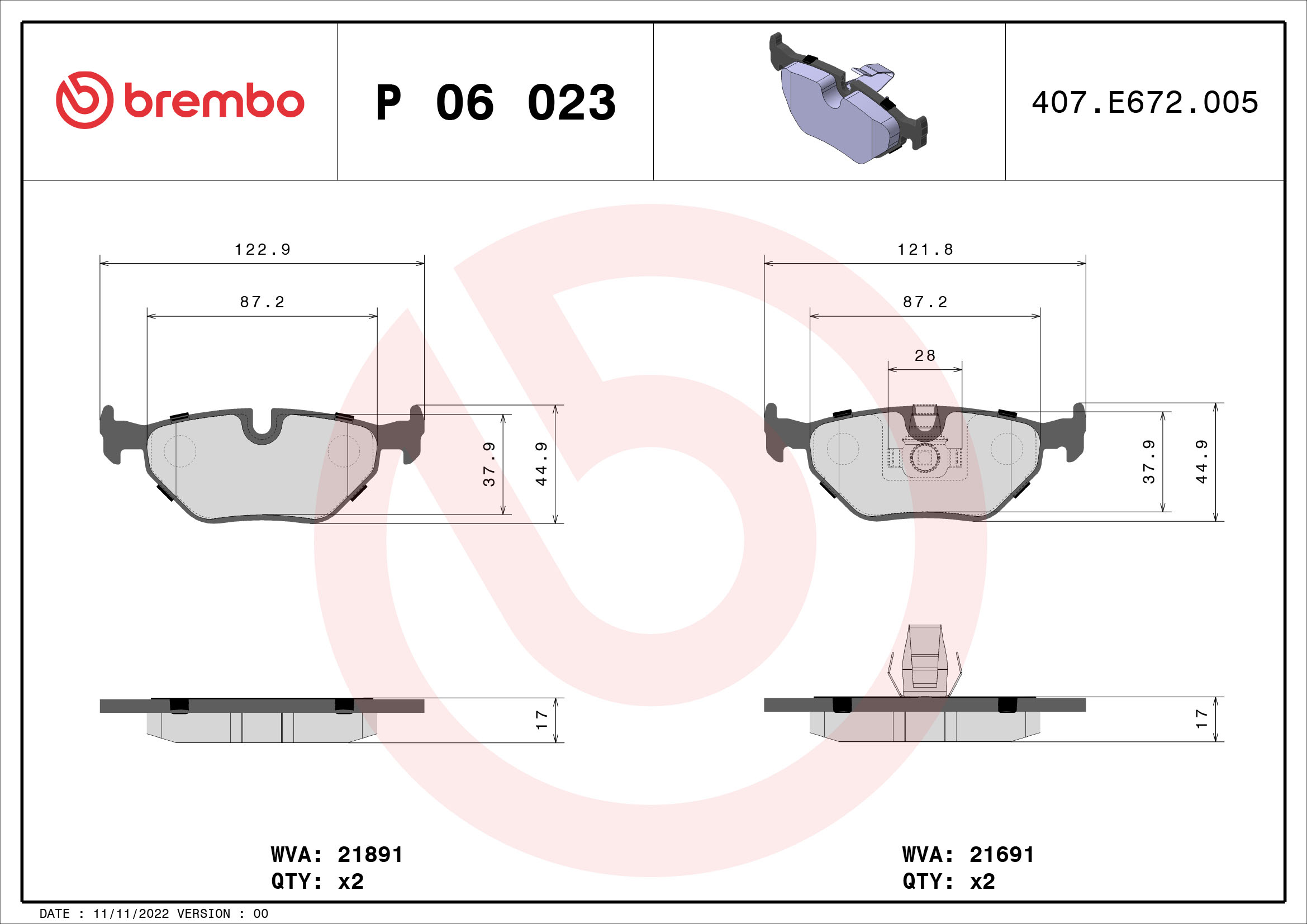 Комплект тормозных колодок, дисковый тормоз   P 06 023   BREMBO