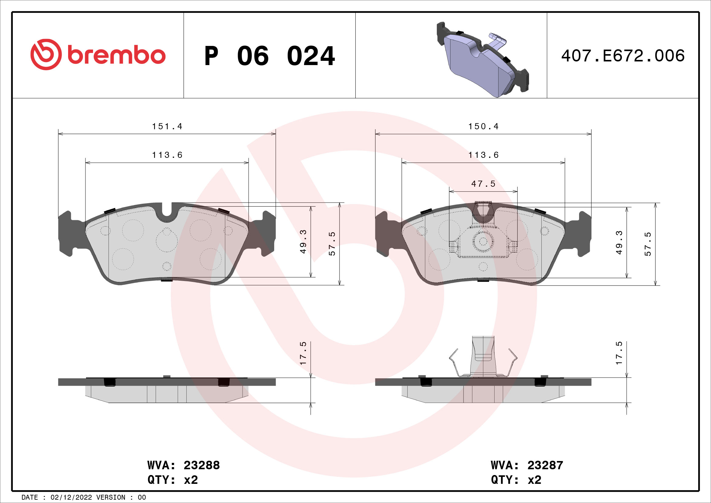 Комплект тормозных колодок, дисковый тормоз   P 06 024   BREMBO