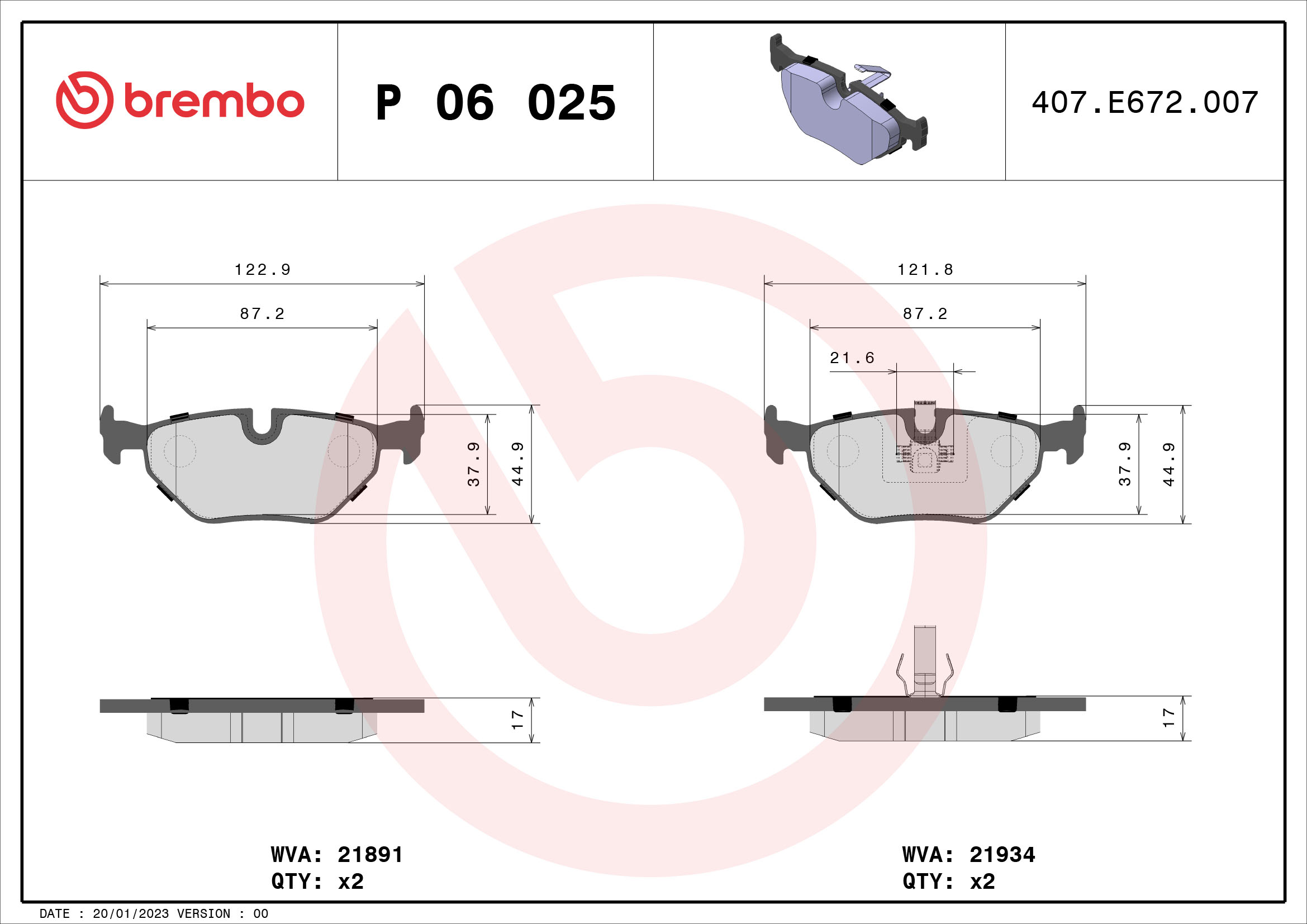 Комплект тормозных колодок, дисковый тормоз   P 06 025   BREMBO