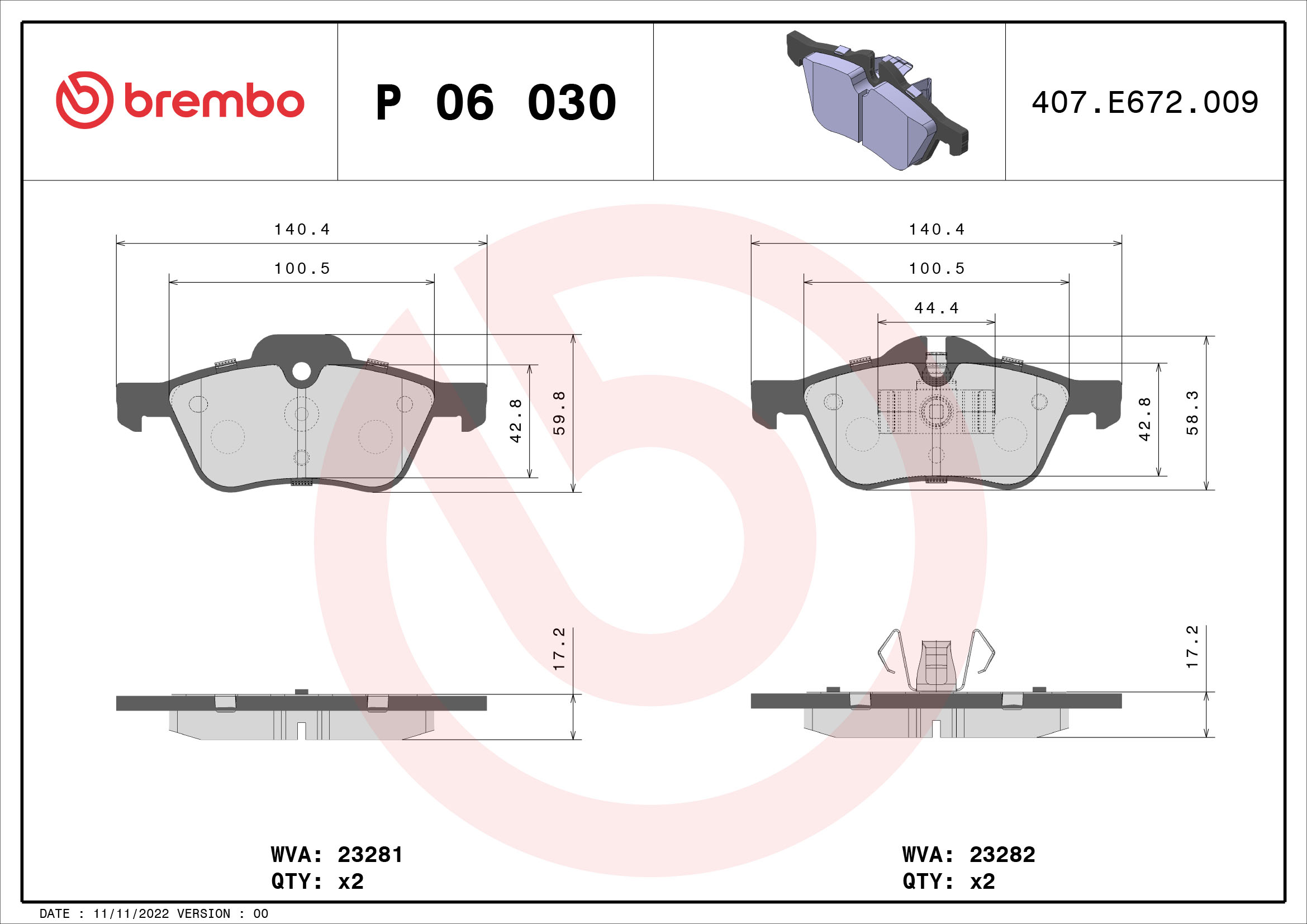 Комплект тормозных колодок, дисковый тормоз   P 06 030   BREMBO