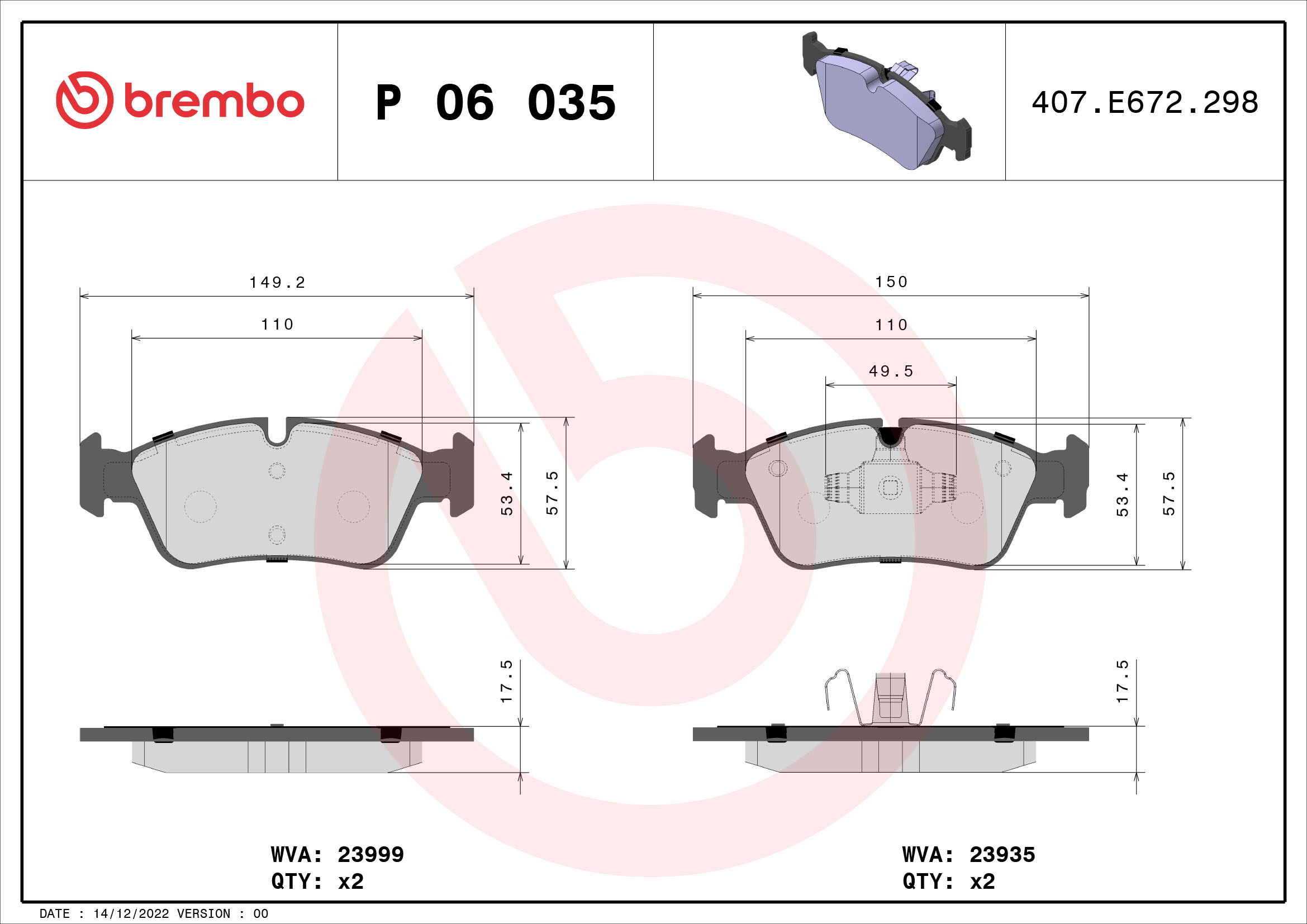 Комплект тормозных колодок, дисковый тормоз   P 06 035   BREMBO