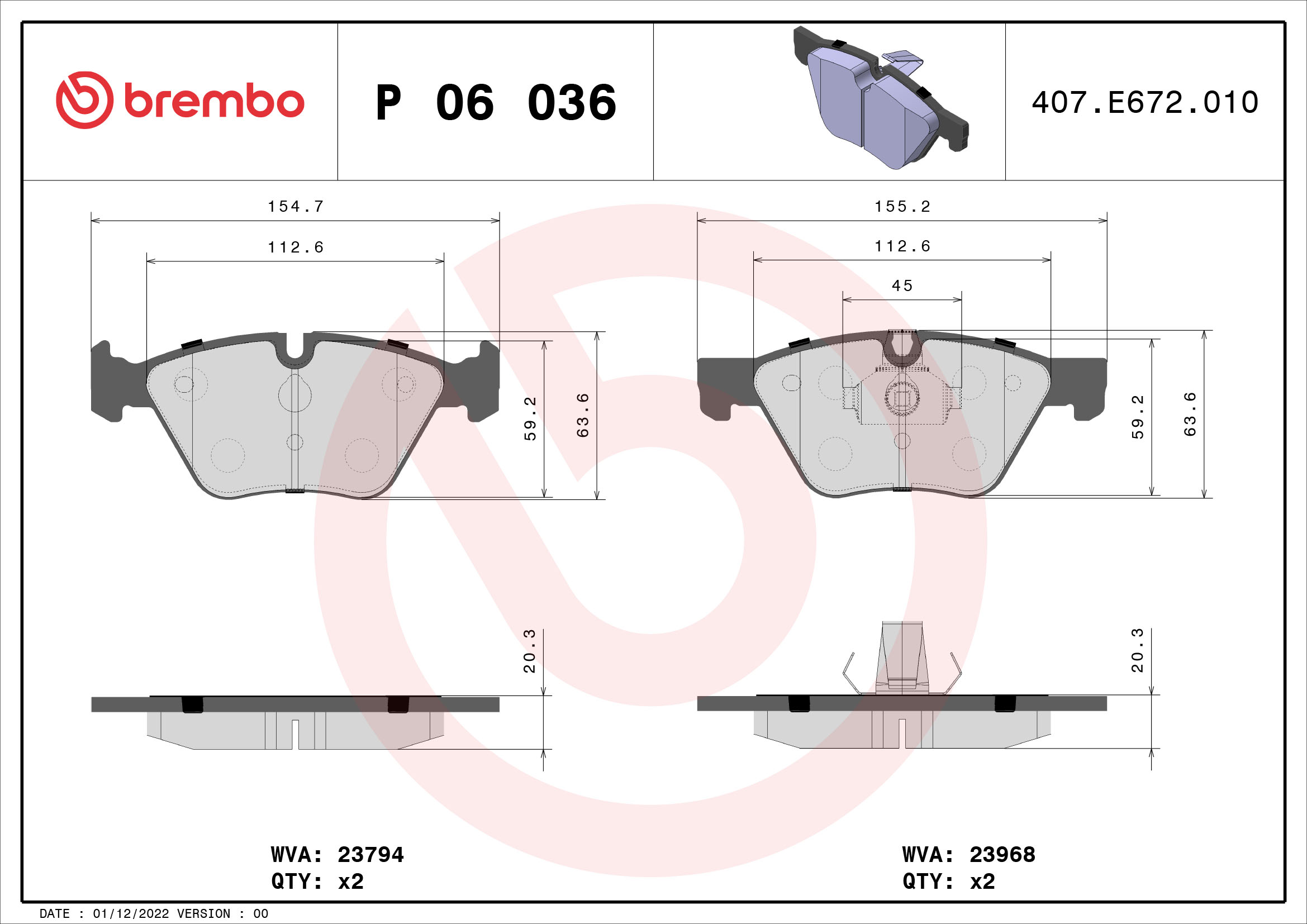 Комплект тормозных колодок, дисковый тормоз   P 06 036   BREMBO