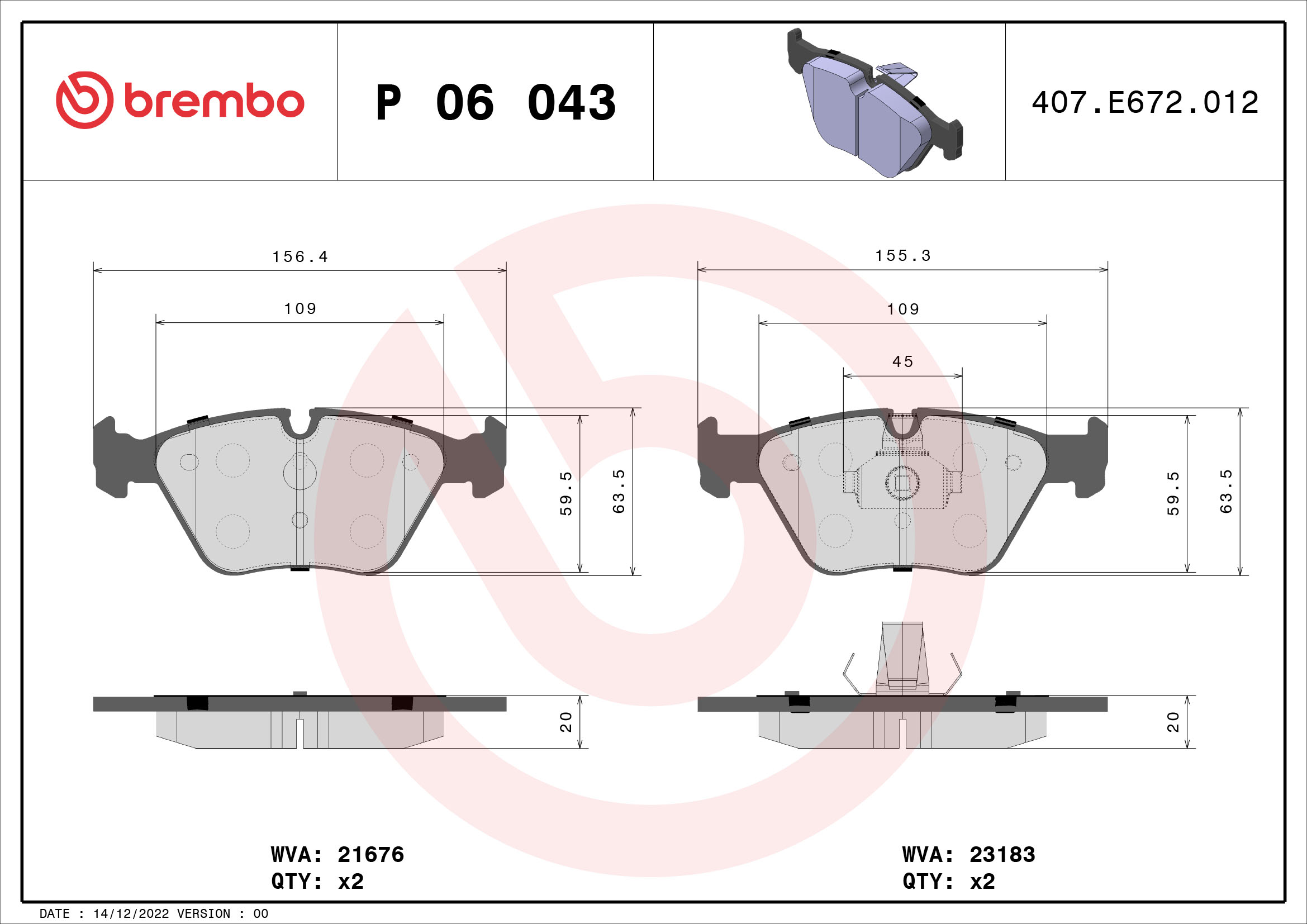 Комплект тормозных колодок, дисковый тормоз   P 06 043   BREMBO