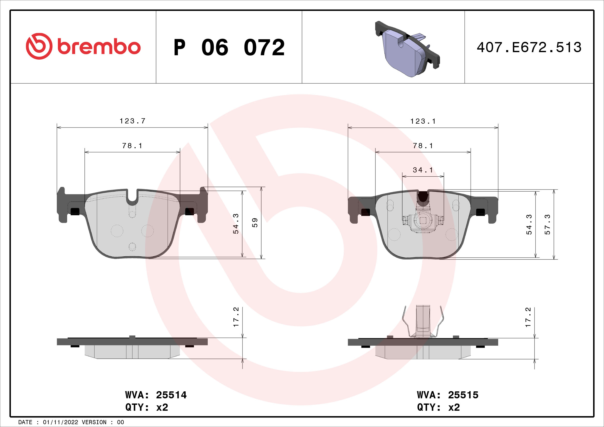 Комплект гальмівних накладок, дискове гальмо   P 06 072   BREMBO