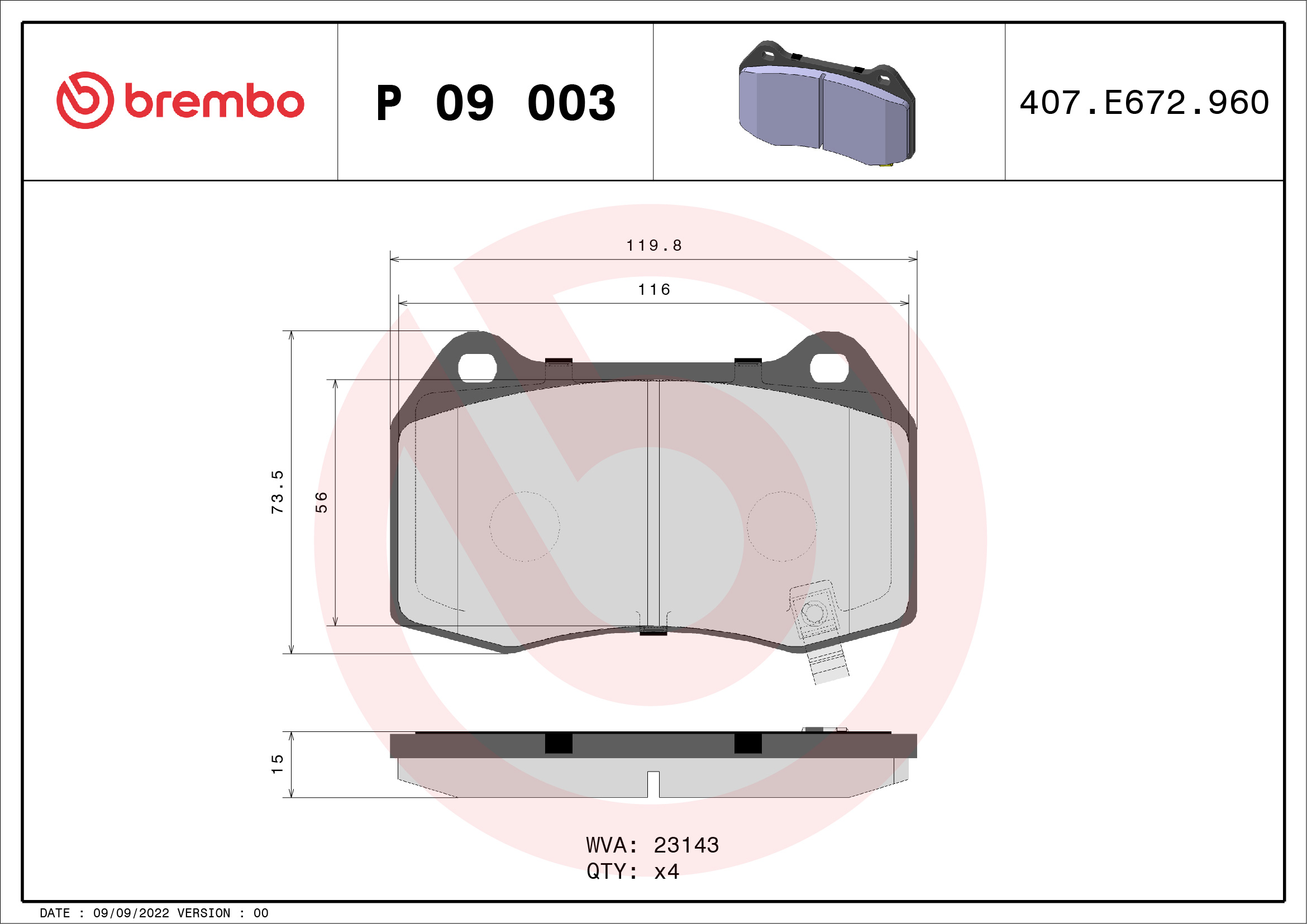 Комплект тормозных колодок, дисковый тормоз   P 09 003   BREMBO