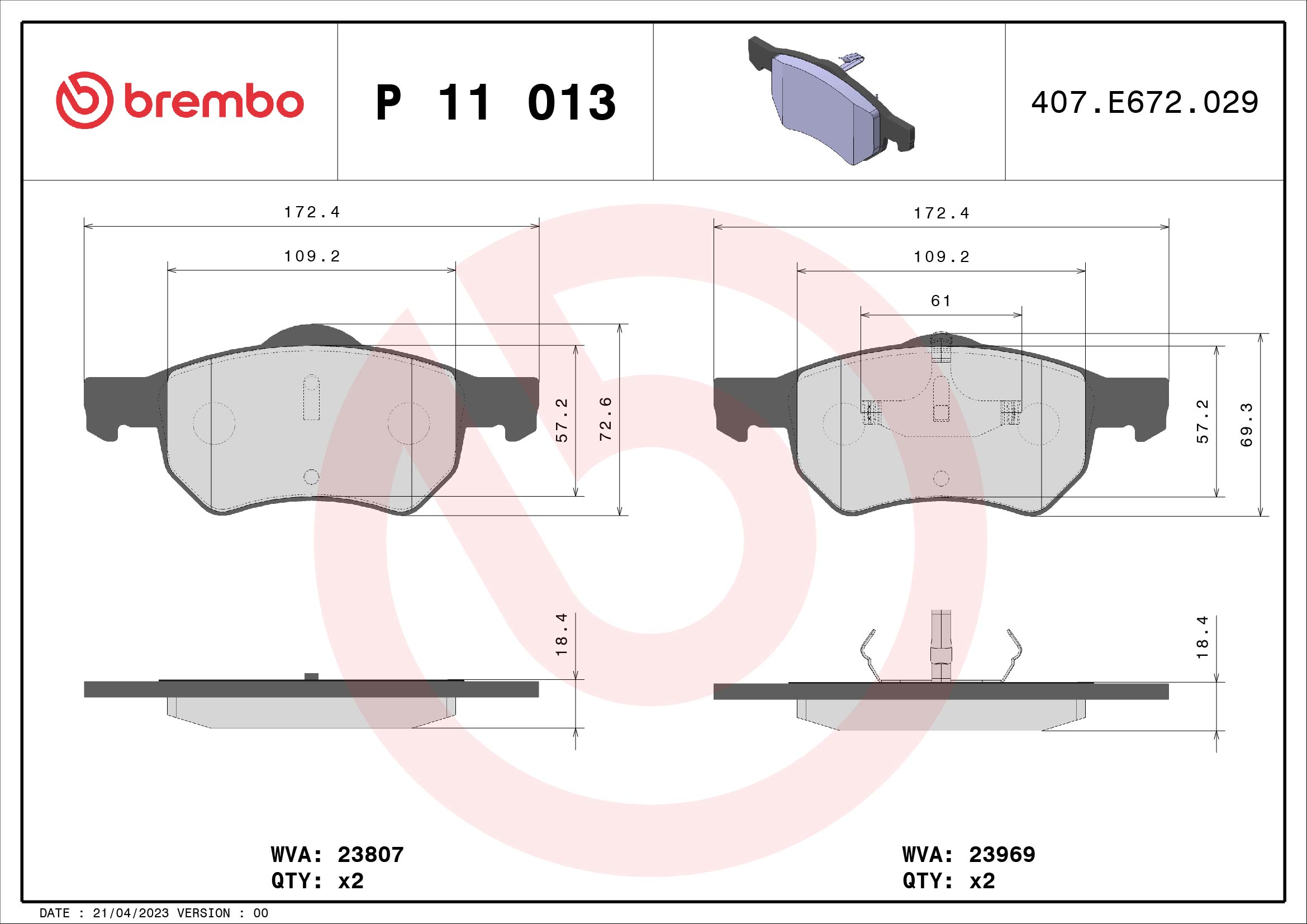 Комплект тормозных колодок, дисковый тормоз   P 11 013   BREMBO