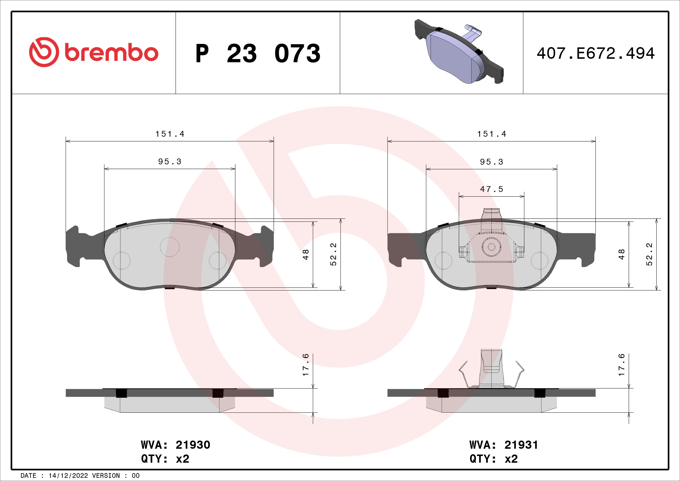 Комплект тормозных колодок, дисковый тормоз   P 23 073   BREMBO