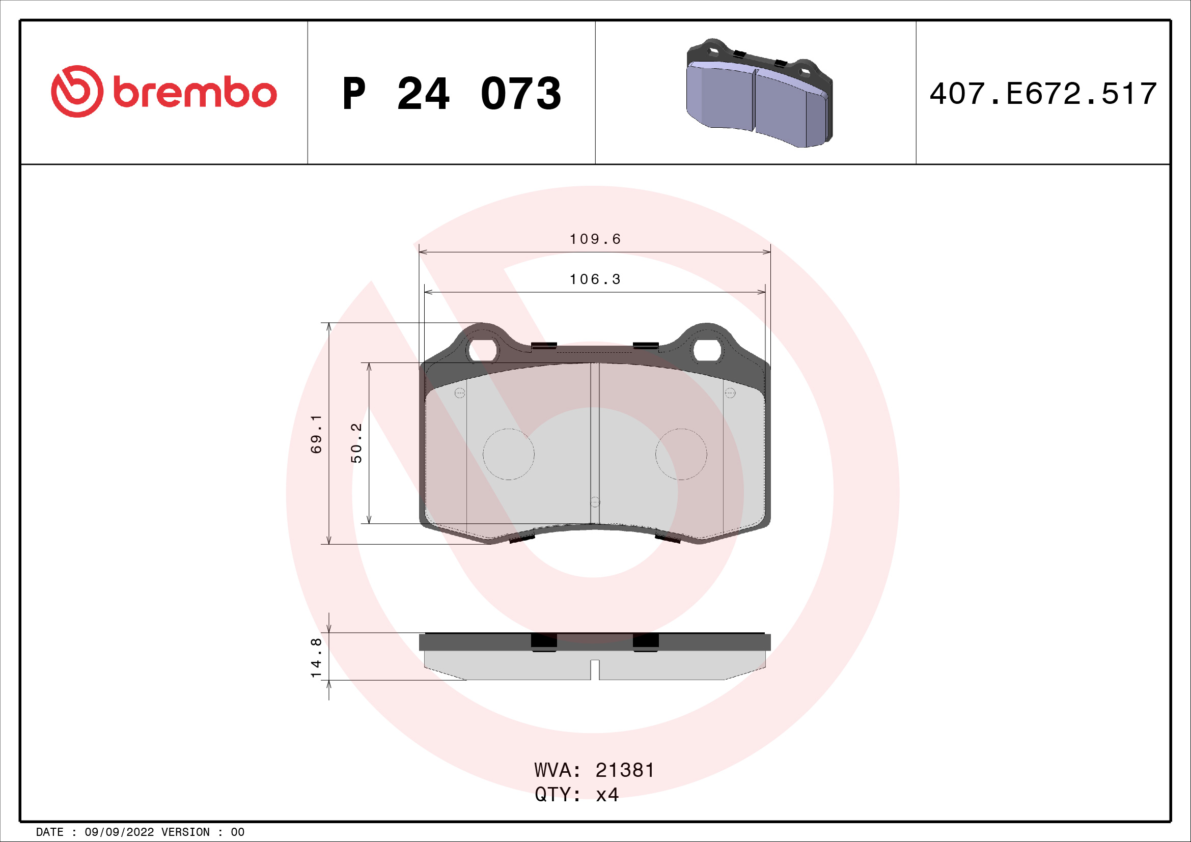 Комплект тормозных колодок, дисковый тормоз   P 24 073   BREMBO