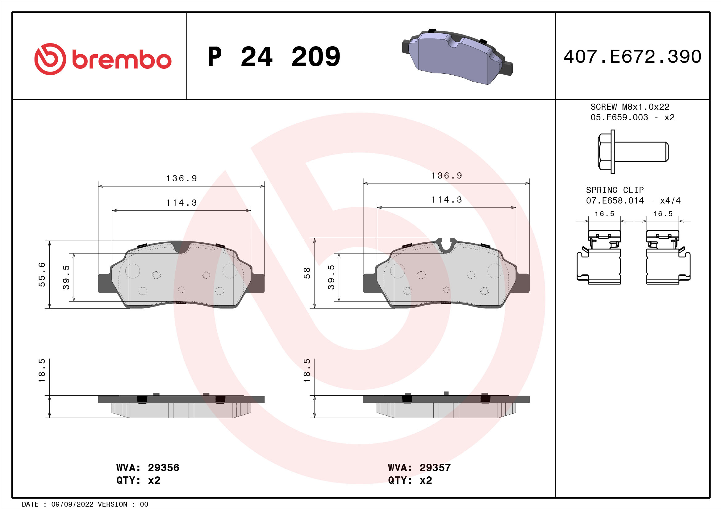 Комплект тормозных колодок, дисковый тормоз   P 24 209   BREMBO