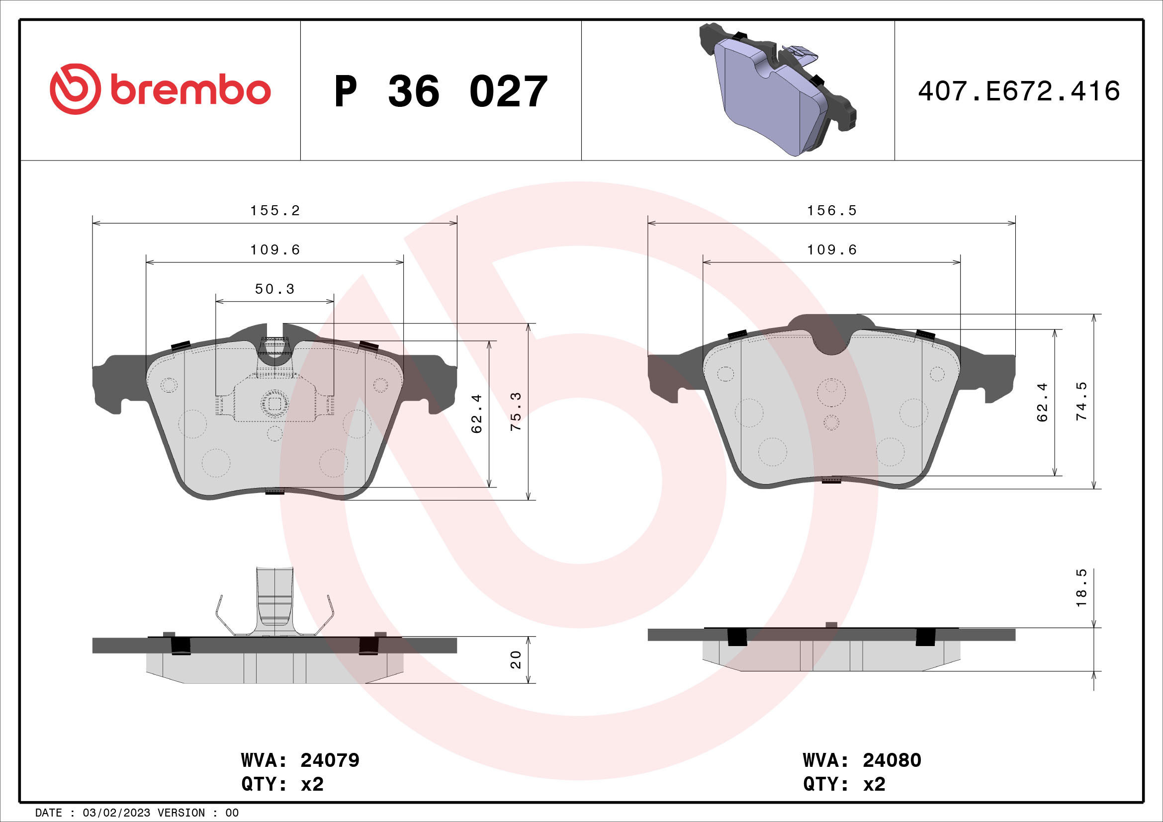 Комплект тормозных колодок, дисковый тормоз   P 36 027   BREMBO