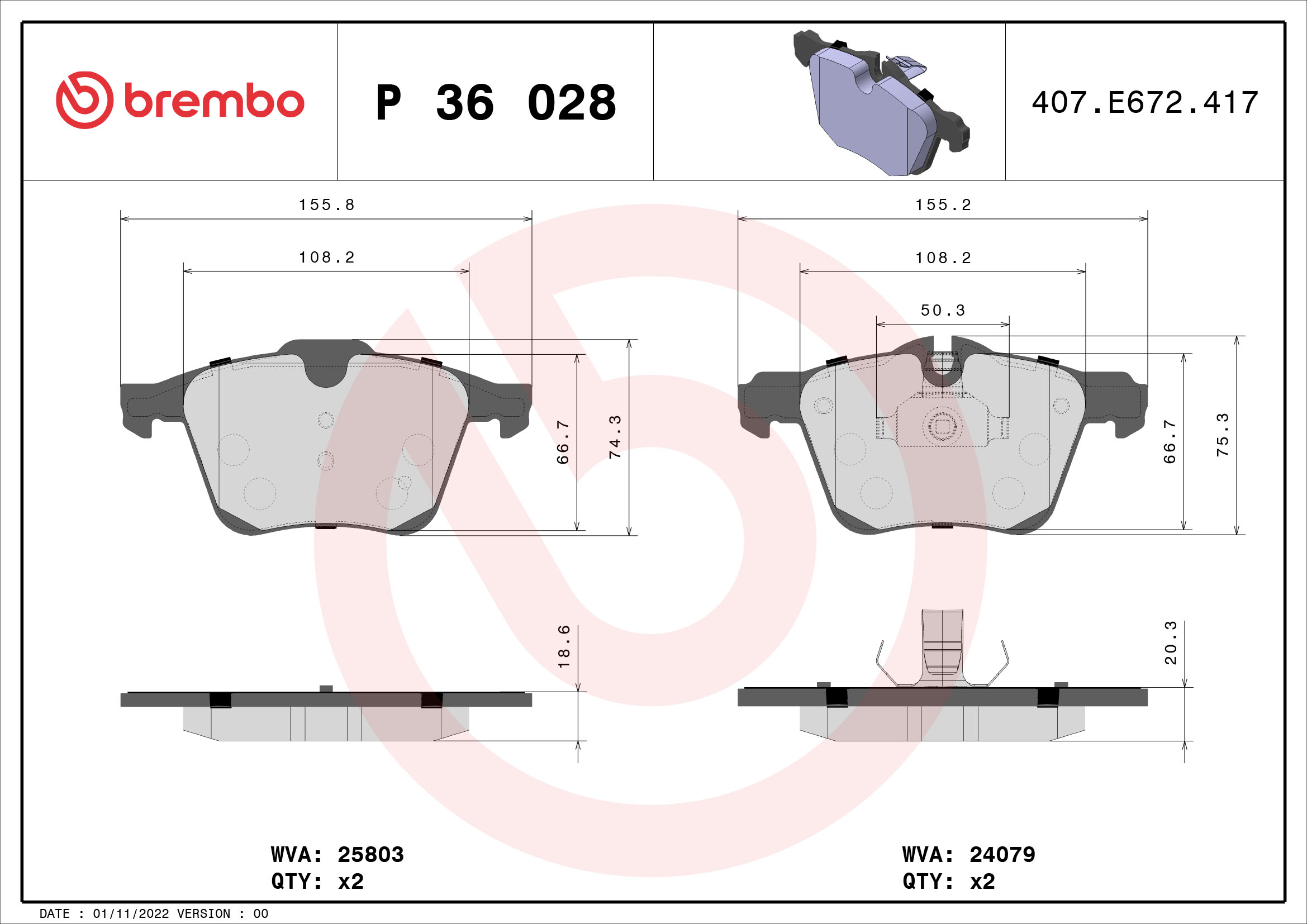 Комплект тормозных колодок, дисковый тормоз   P 36 028   BREMBO