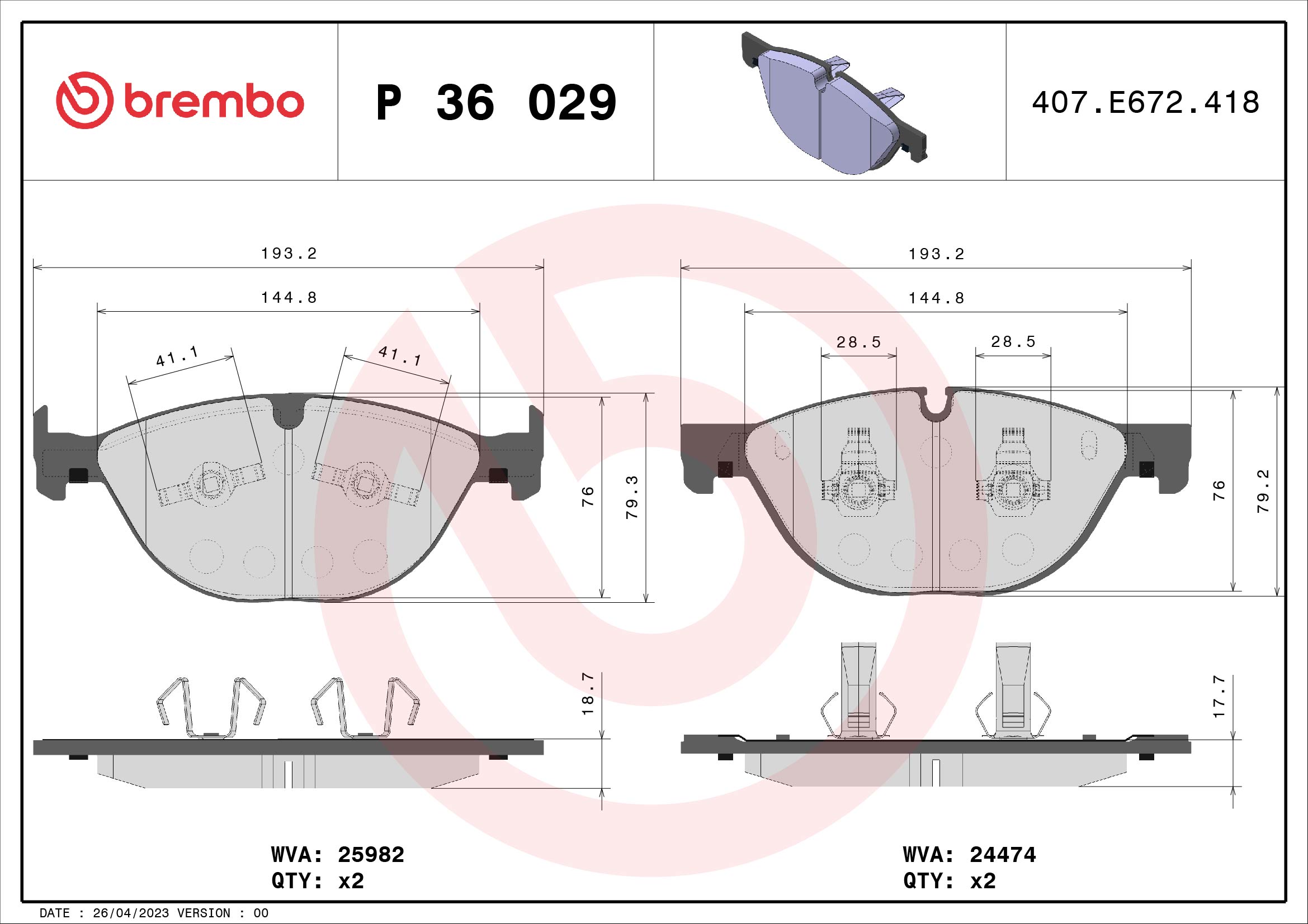 Комплект тормозных колодок, дисковый тормоз   P 36 029   BREMBO