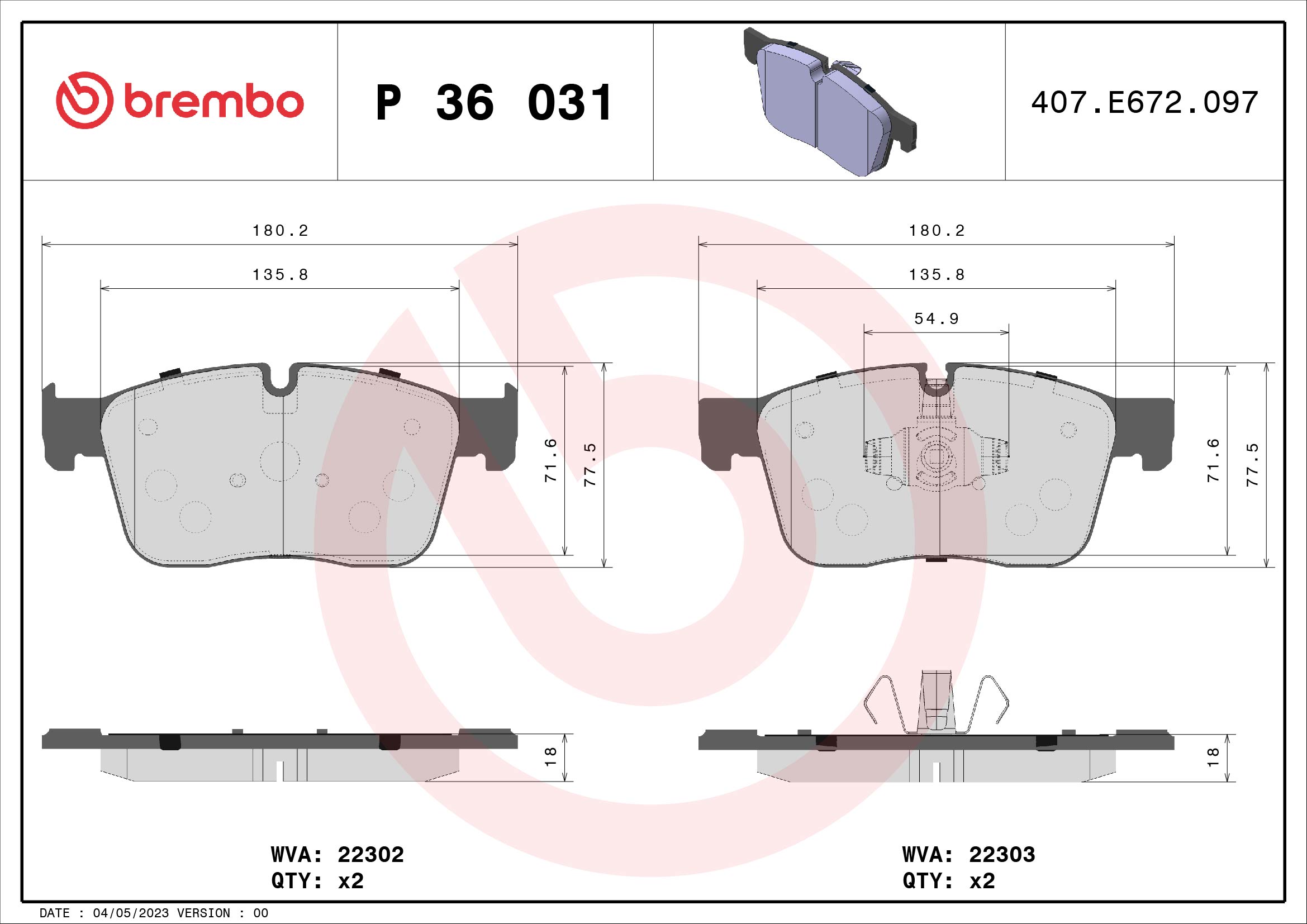 Комплект тормозных колодок, дисковый тормоз   P 36 031   BREMBO