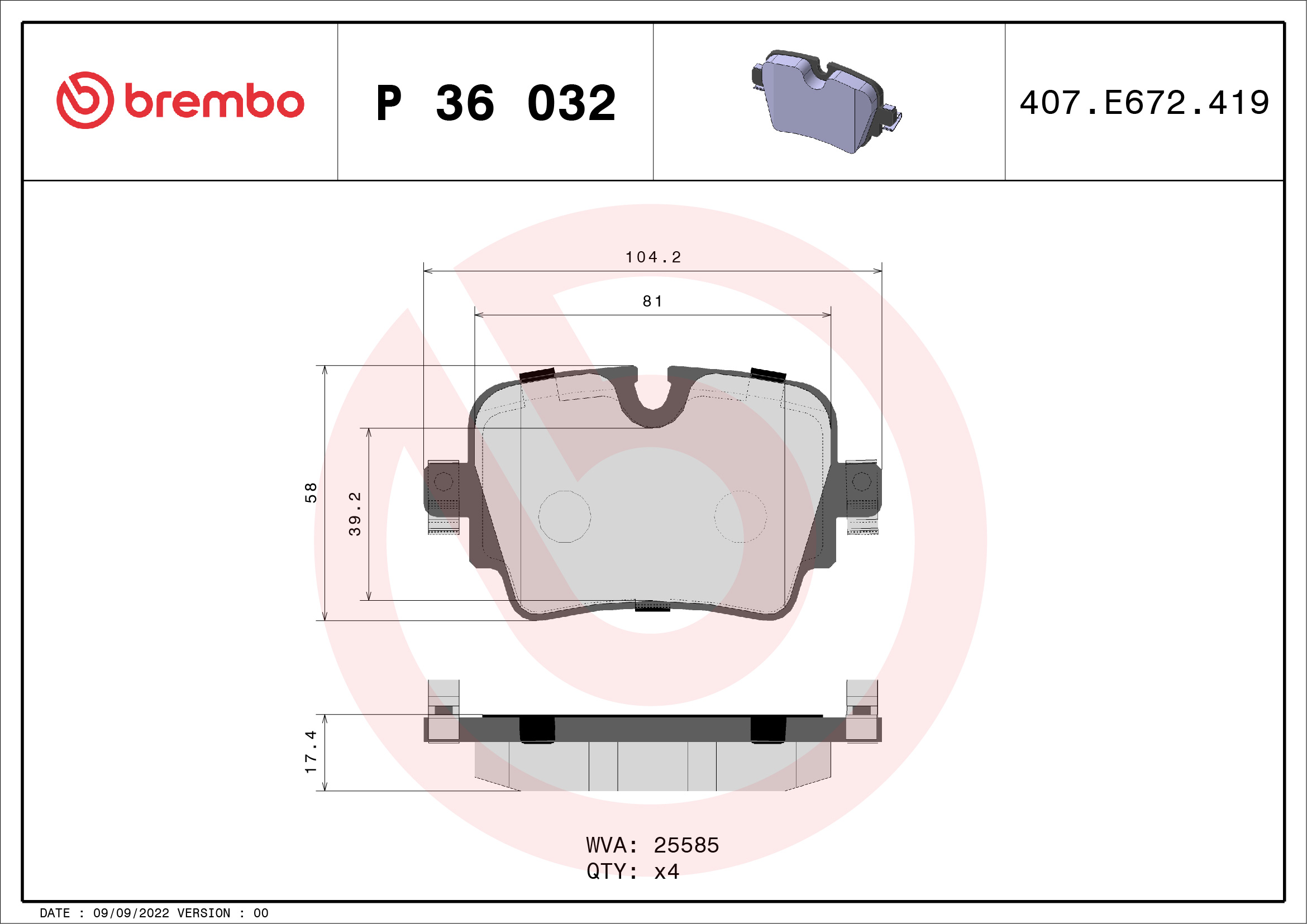 Комплект тормозных колодок, дисковый тормоз   P 36 032   BREMBO