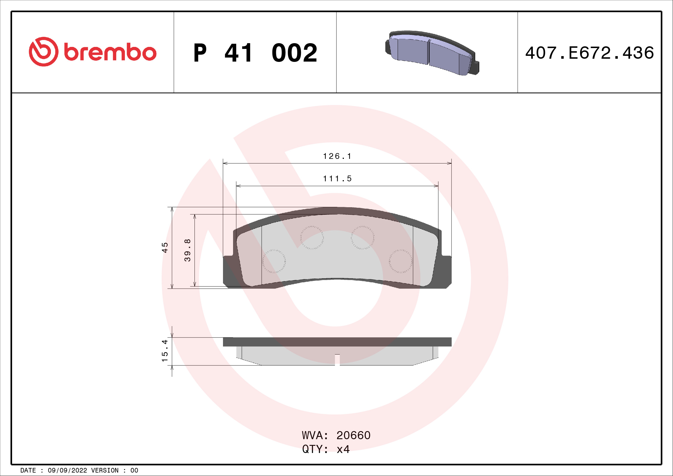 Комплект тормозных колодок, дисковый тормоз   P 41 002   BREMBO