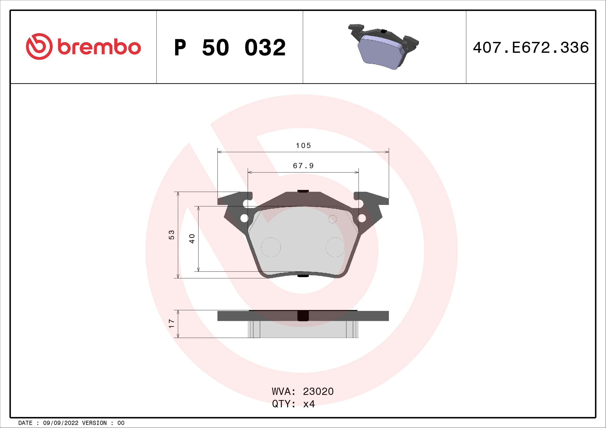 Комплект тормозных колодок, дисковый тормоз   P 50 032   BREMBO