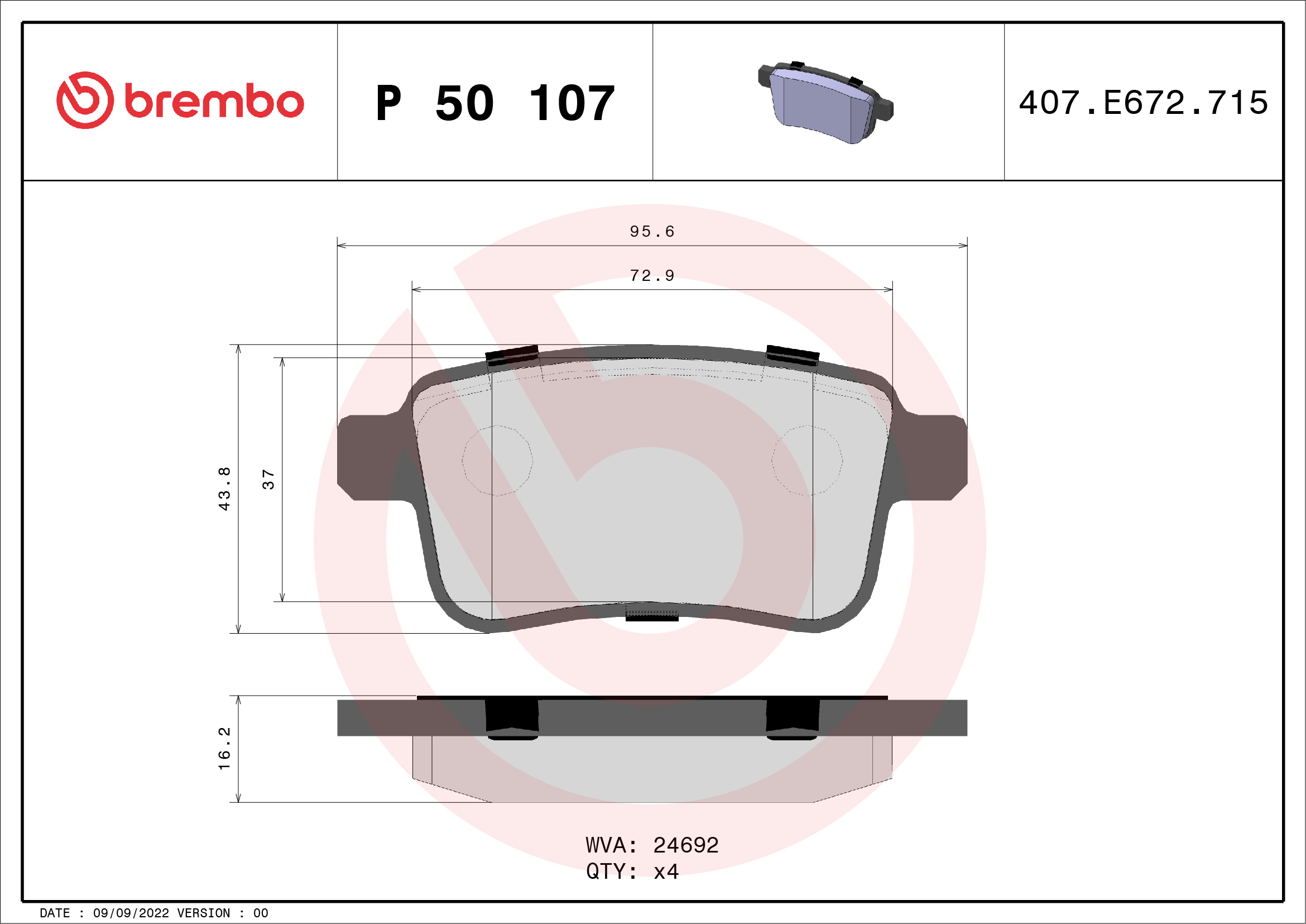 Комплект тормозных колодок, дисковый тормоз   P 50 107   BREMBO