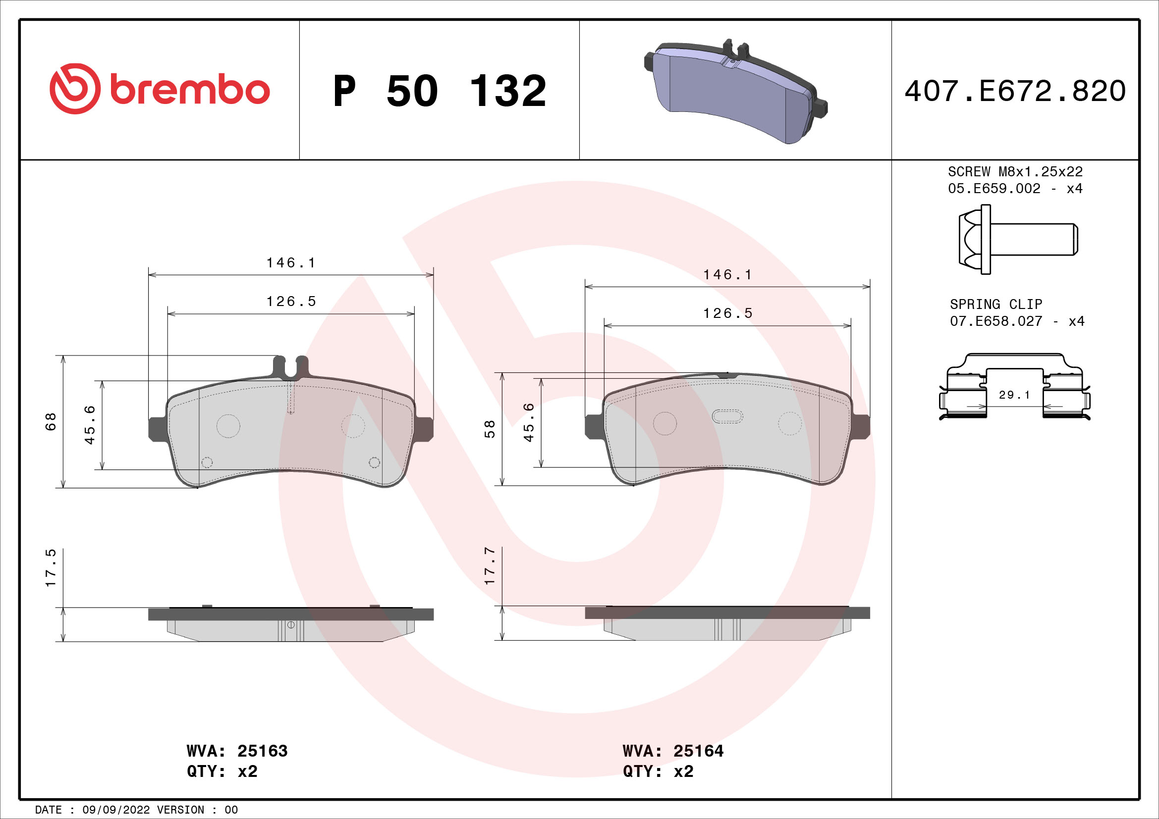 Комплект тормозных колодок, дисковый тормоз   P 50 132   BREMBO