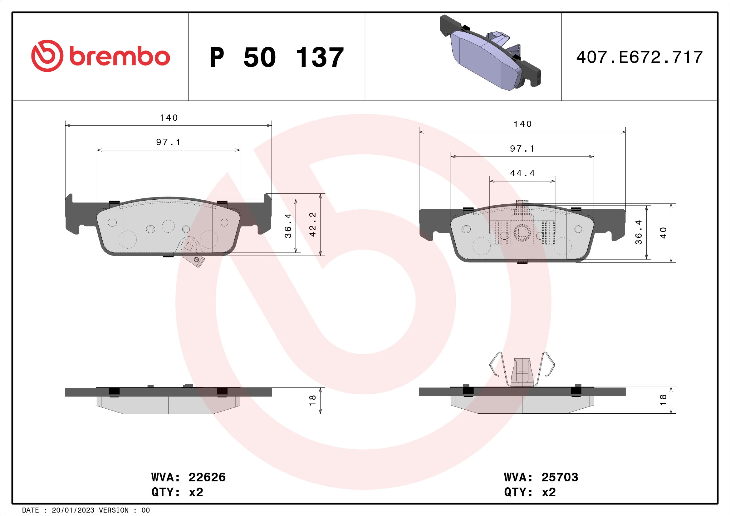 Комплект тормозных колодок, дисковый тормоз   P 50 137   BREMBO