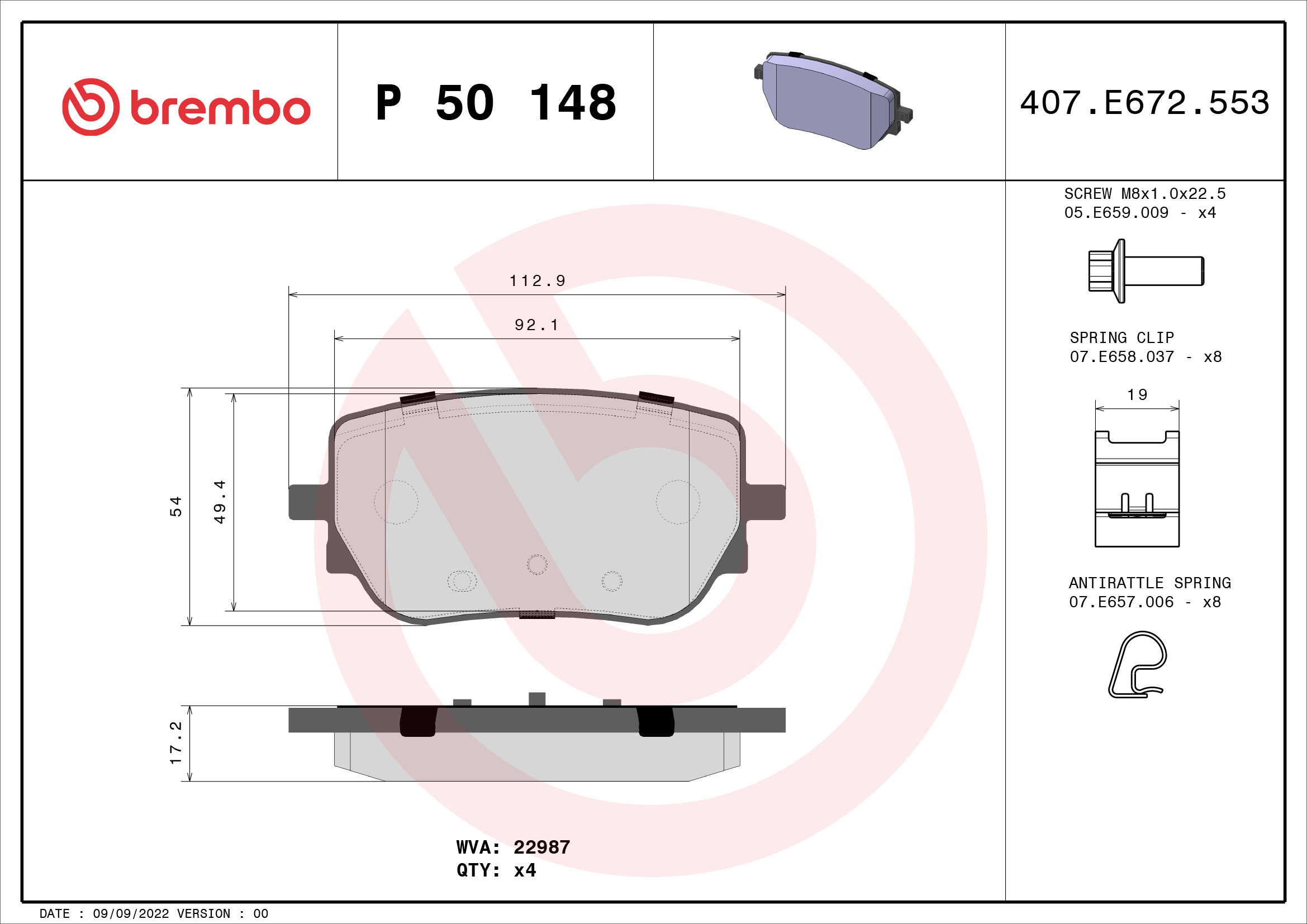 Комплект гальмівних накладок, дискове гальмо   P 50 148   BREMBO