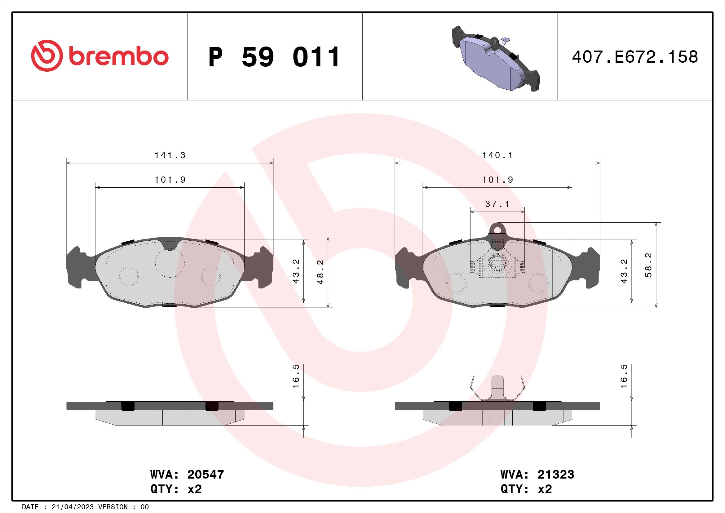 Комплект тормозных колодок, дисковый тормоз   P 59 011   BREMBO