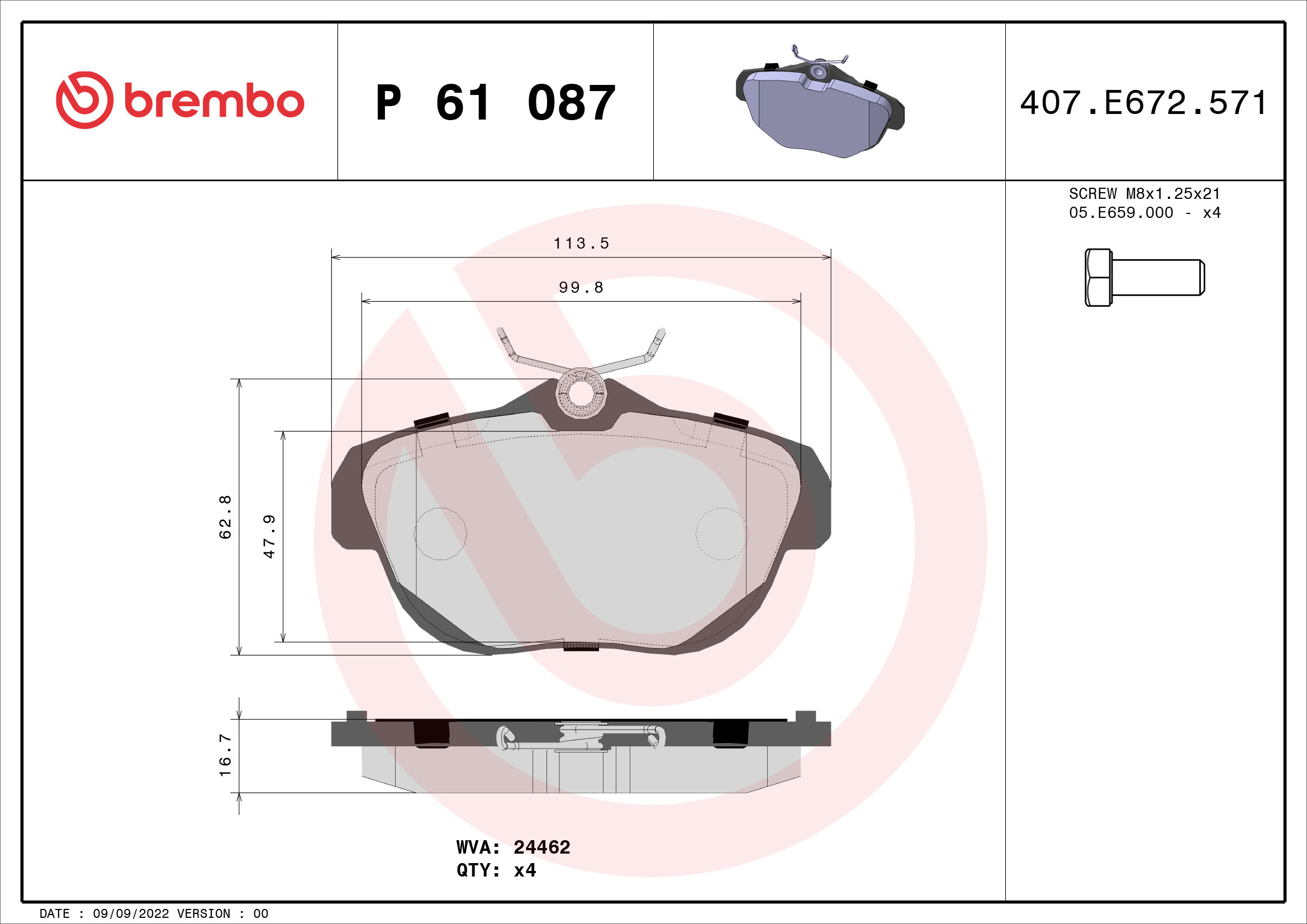 Комплект гальмівних накладок, дискове гальмо   P 61 087   BREMBO