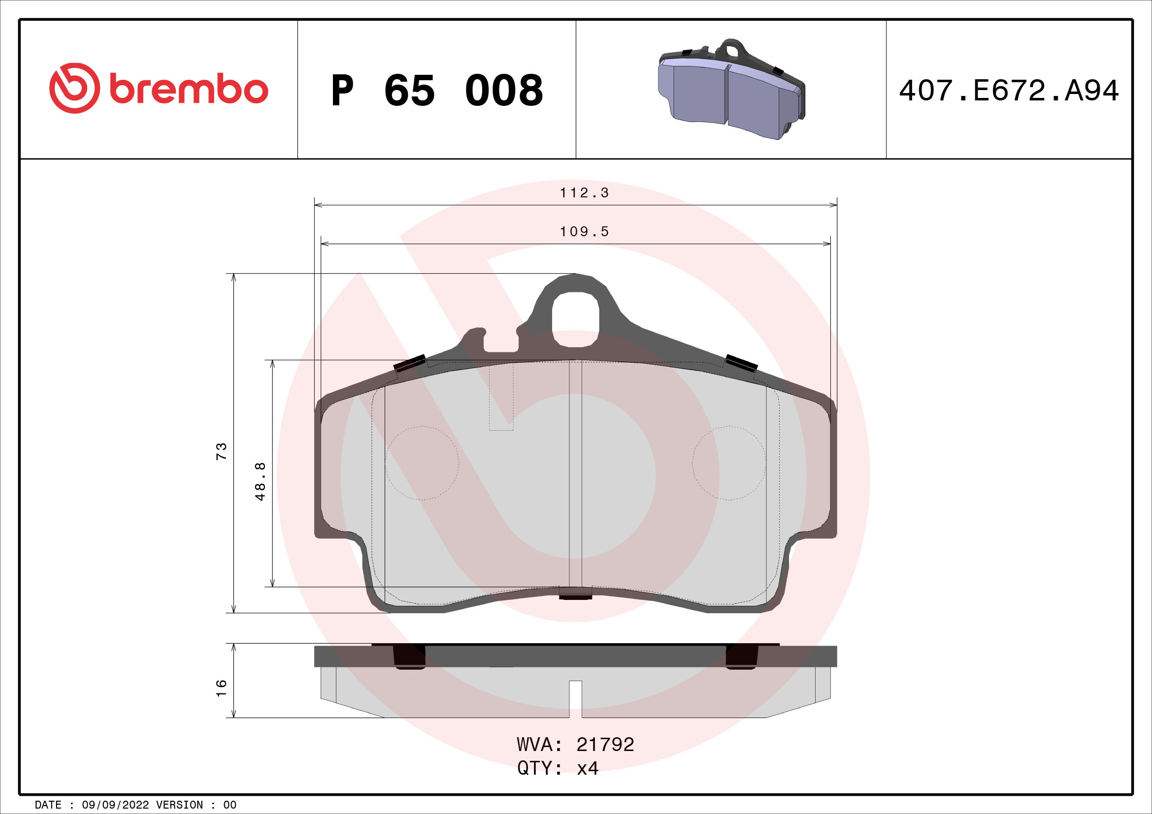 Комплект тормозных колодок, дисковый тормоз   P 65 008   BREMBO