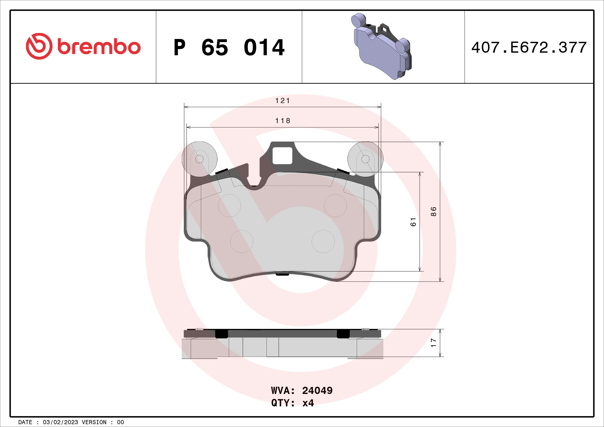 Комплект гальмівних накладок, дискове гальмо   P 65 014   BREMBO