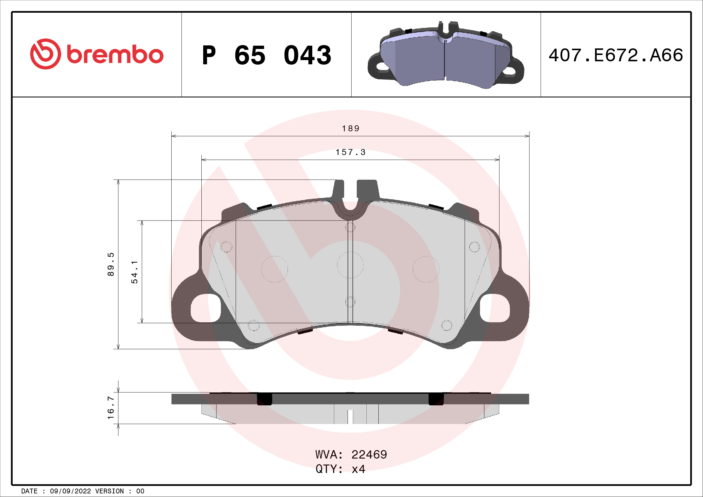 Комплект тормозных колодок, дисковый тормоз   P 65 043   BREMBO