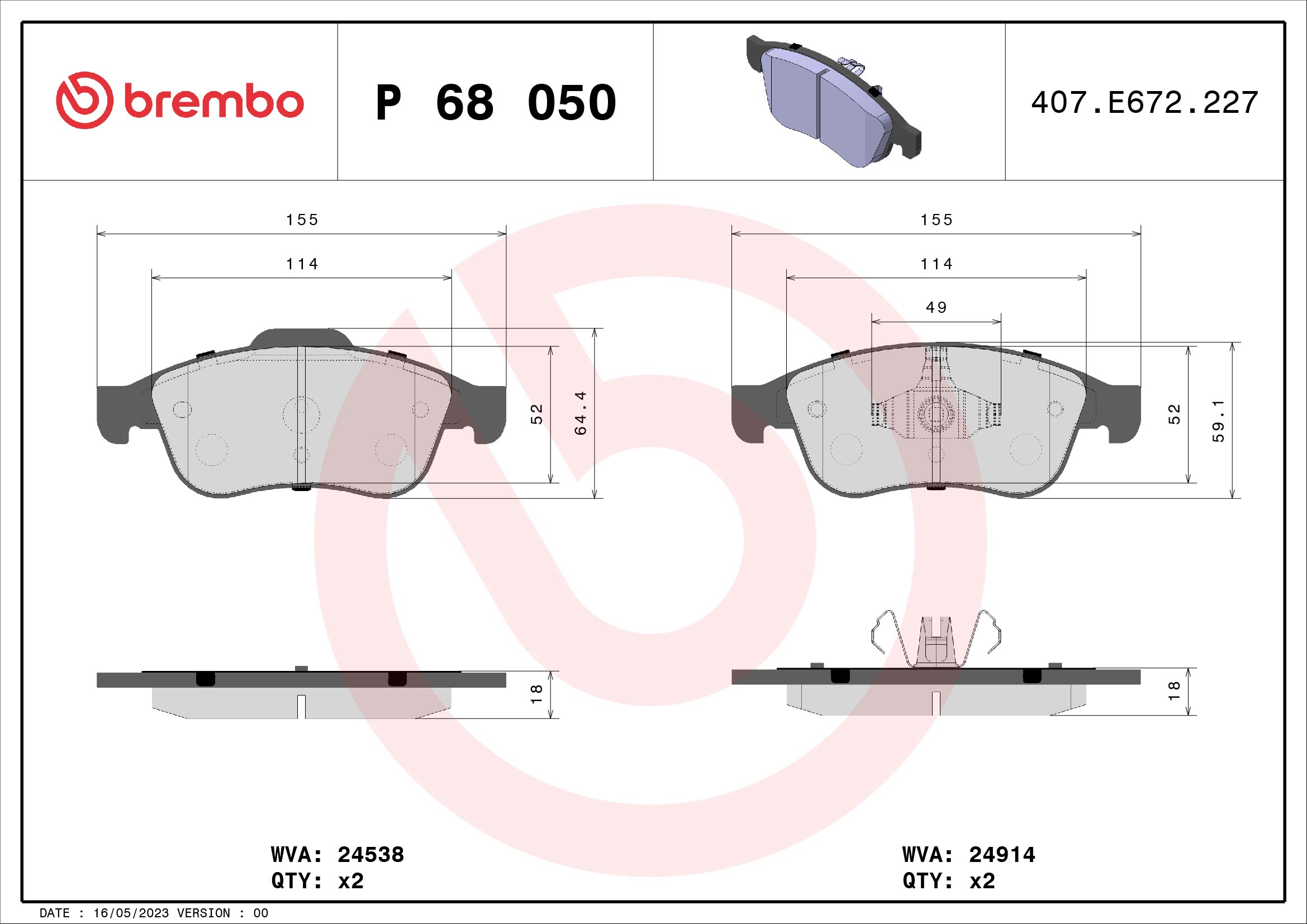 Комплект гальмівних накладок, дискове гальмо   P 68 050   BREMBO