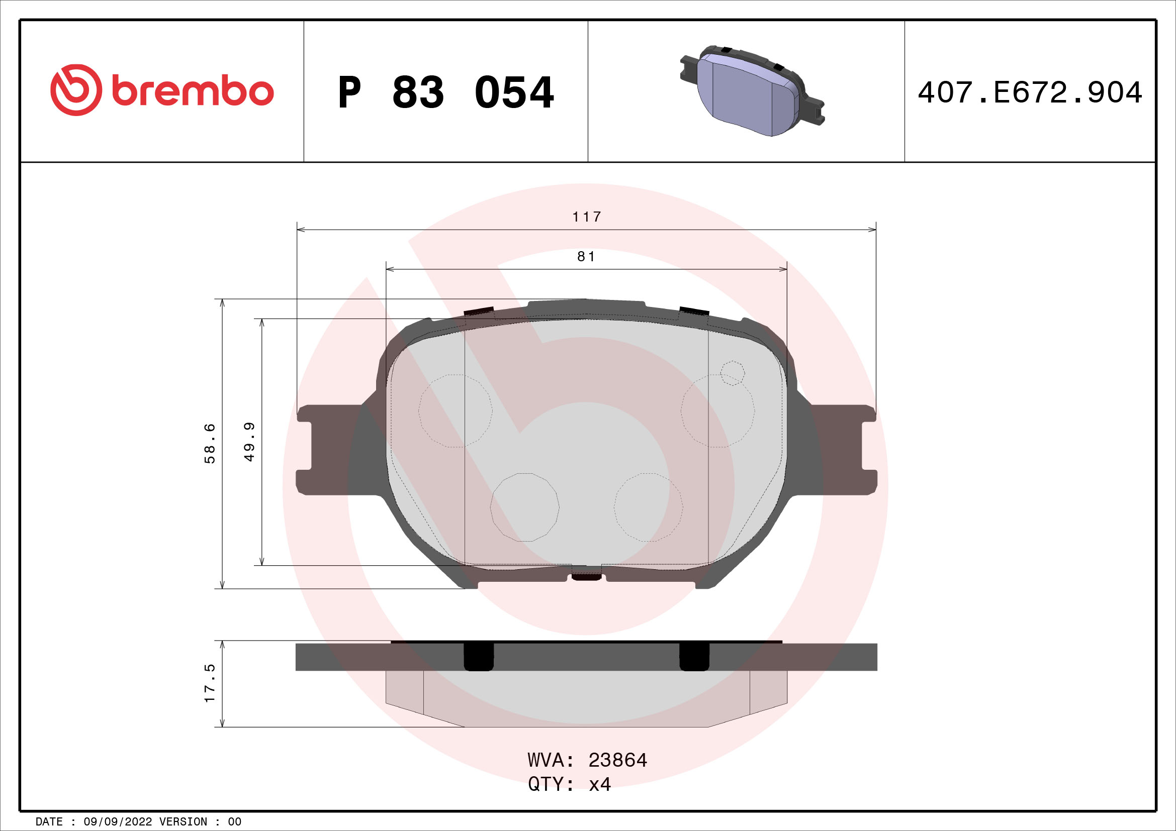 Комплект тормозных колодок, дисковый тормоз   P 83 054   BREMBO