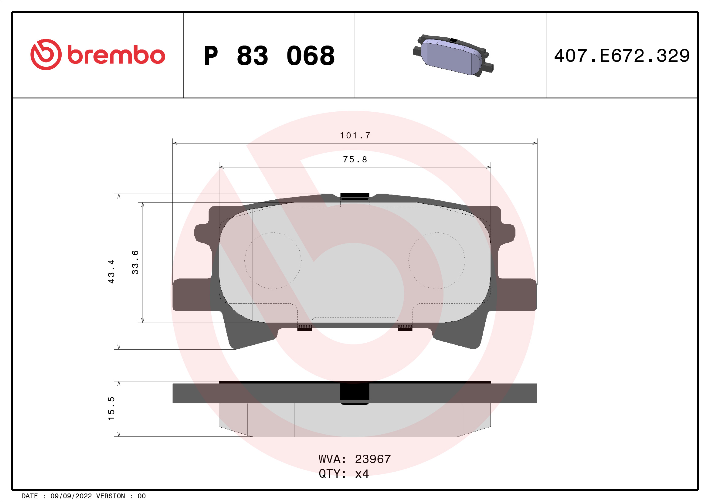 Комплект тормозных колодок, дисковый тормоз   P 83 068   BREMBO