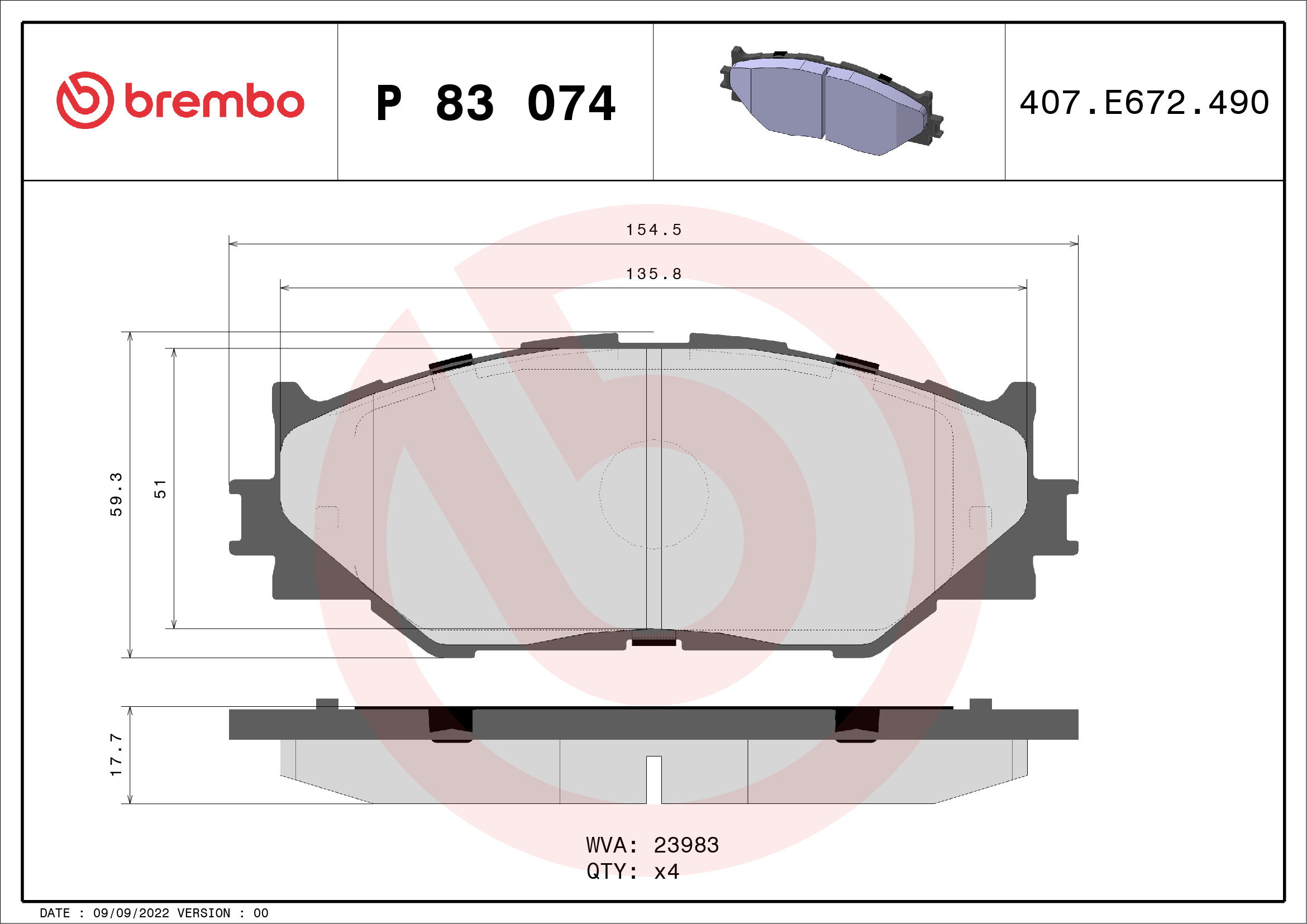 Комплект тормозных колодок, дисковый тормоз   P 83 074   BREMBO