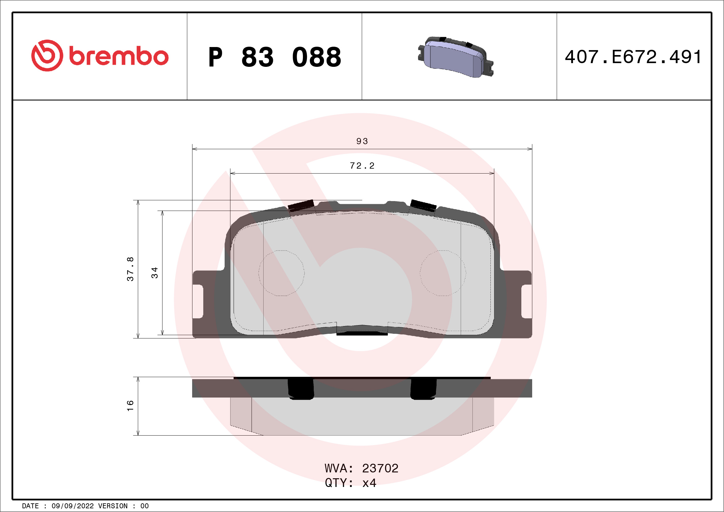 Комплект тормозных колодок, дисковый тормоз   P 83 088   BREMBO