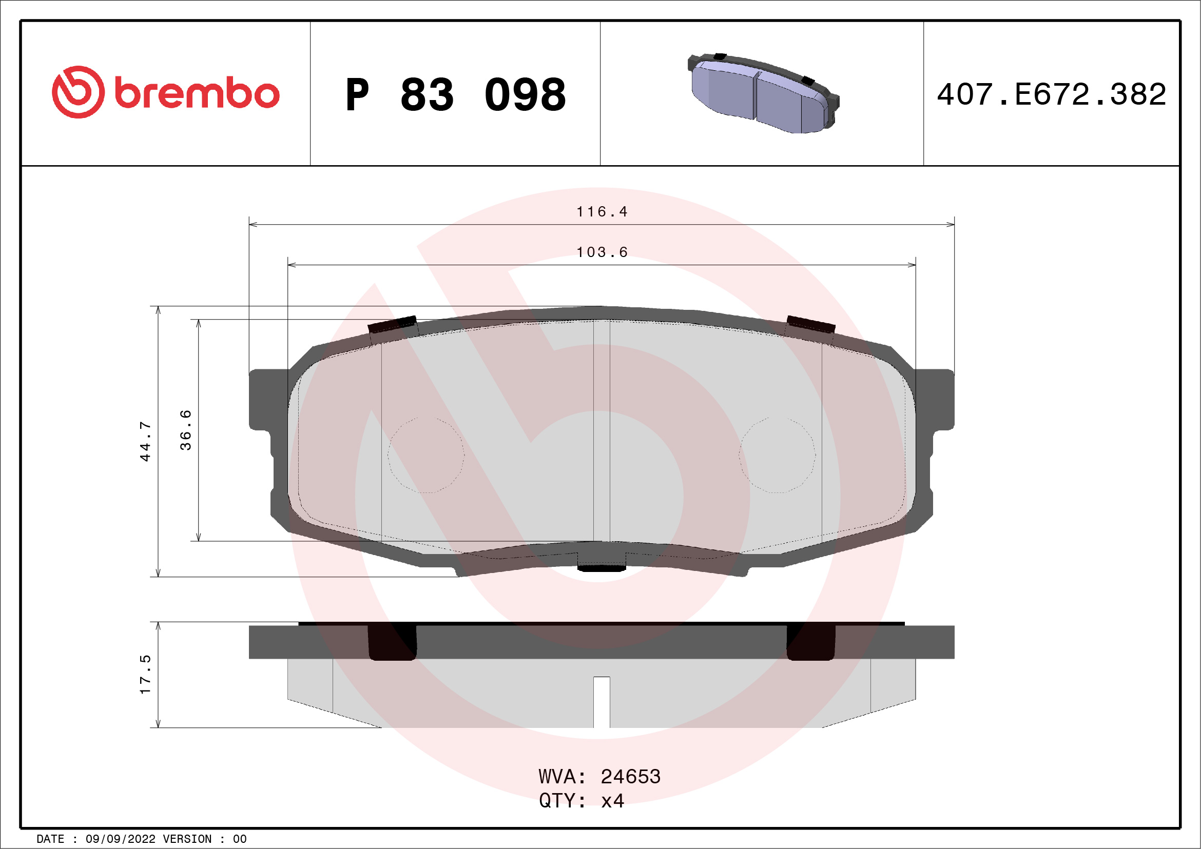 Комплект тормозных колодок, дисковый тормоз   P 83 098   BREMBO