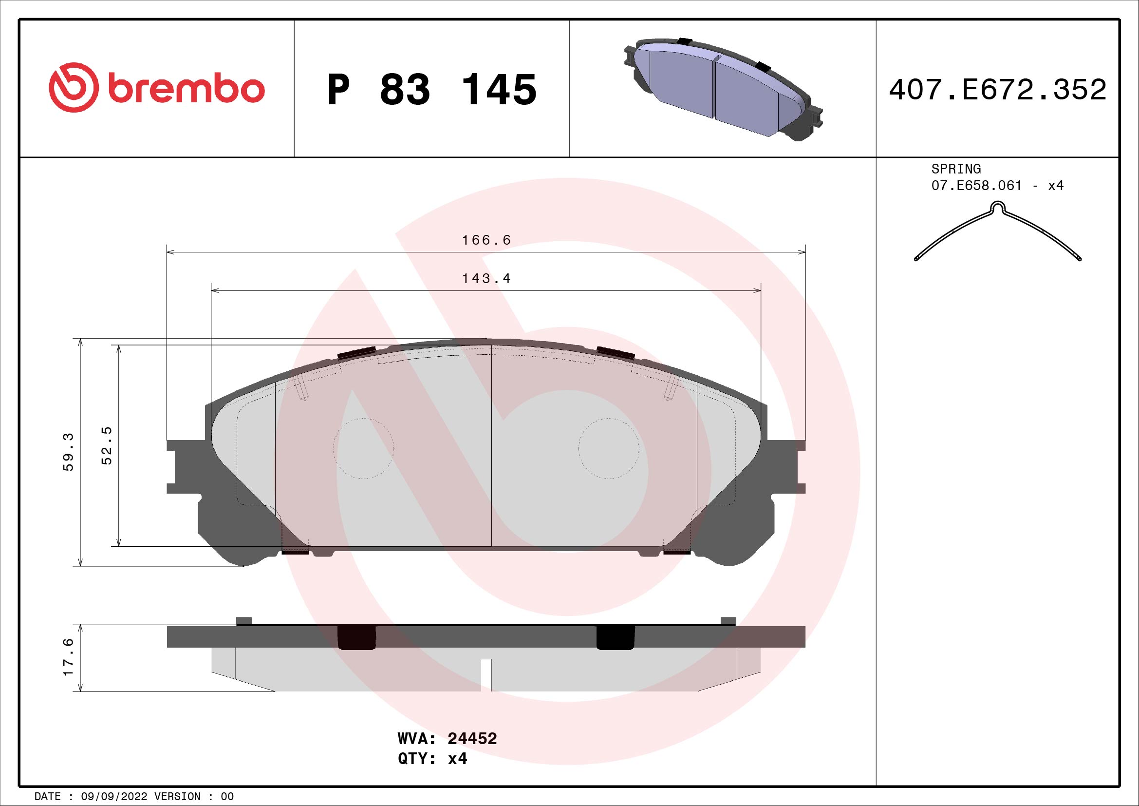 Комплект гальмівних накладок, дискове гальмо   P 83 145   BREMBO