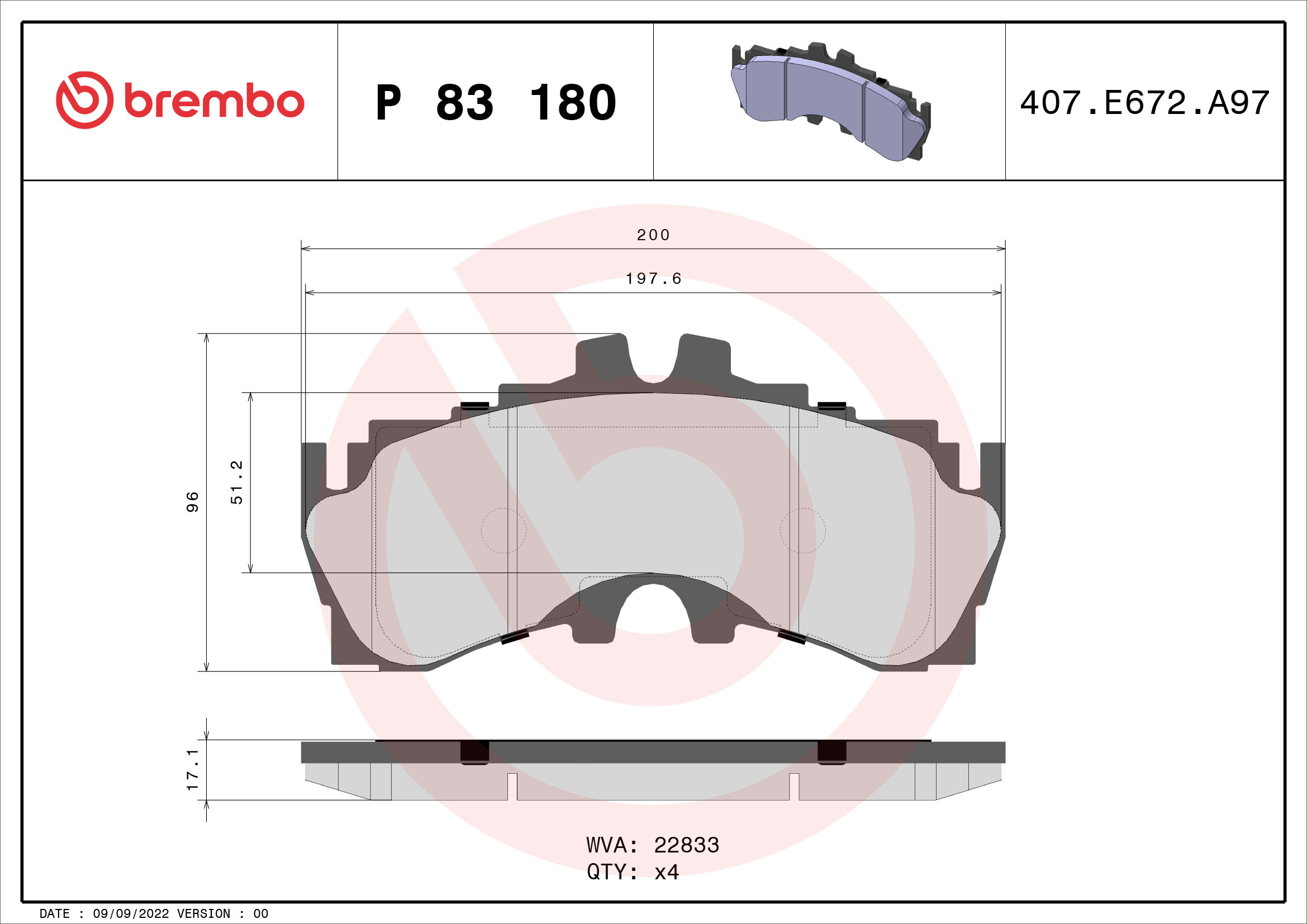 Комплект гальмівних накладок, дискове гальмо   P 83 180   BREMBO