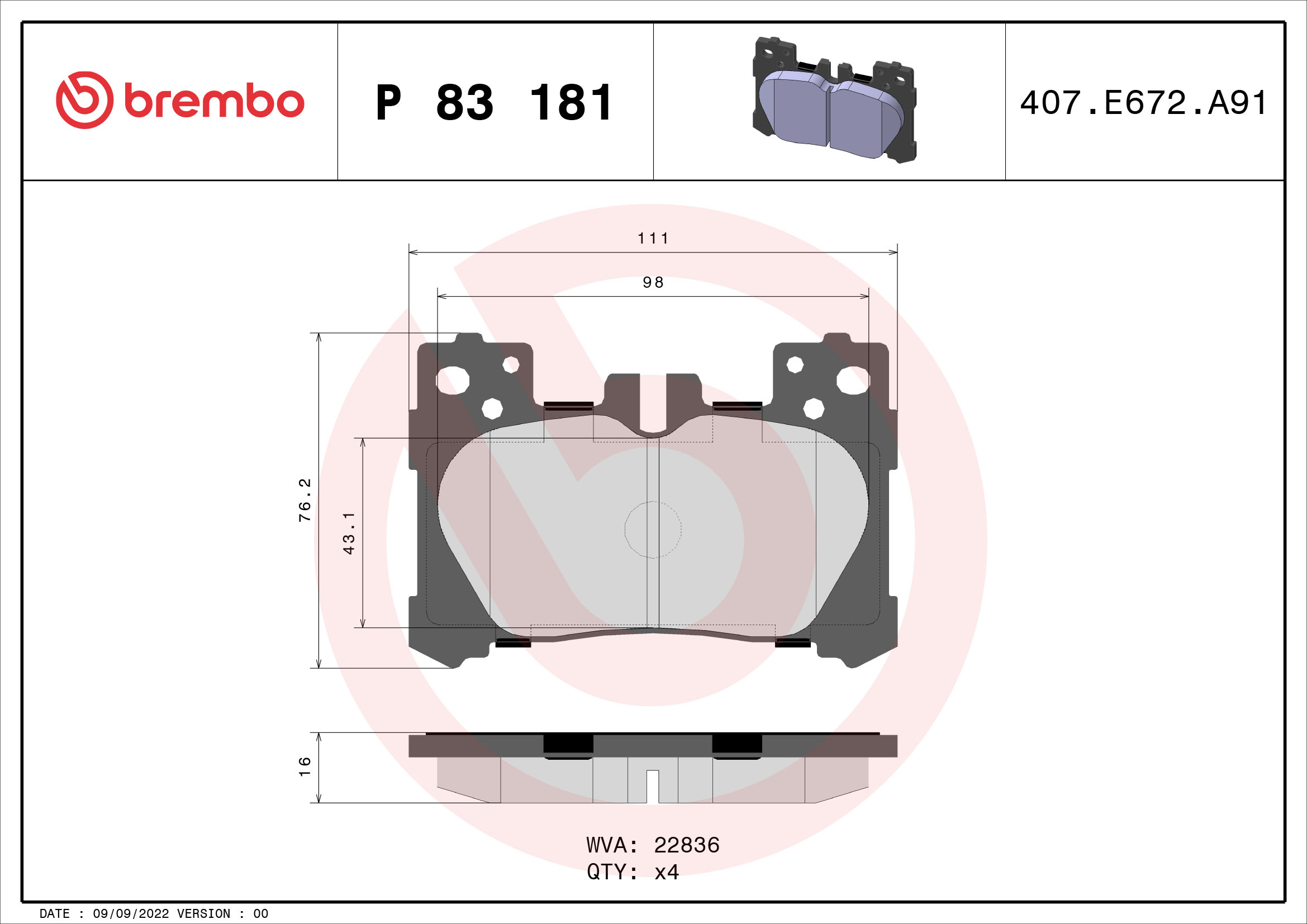 Комплект гальмівних накладок, дискове гальмо   P 83 181   BREMBO