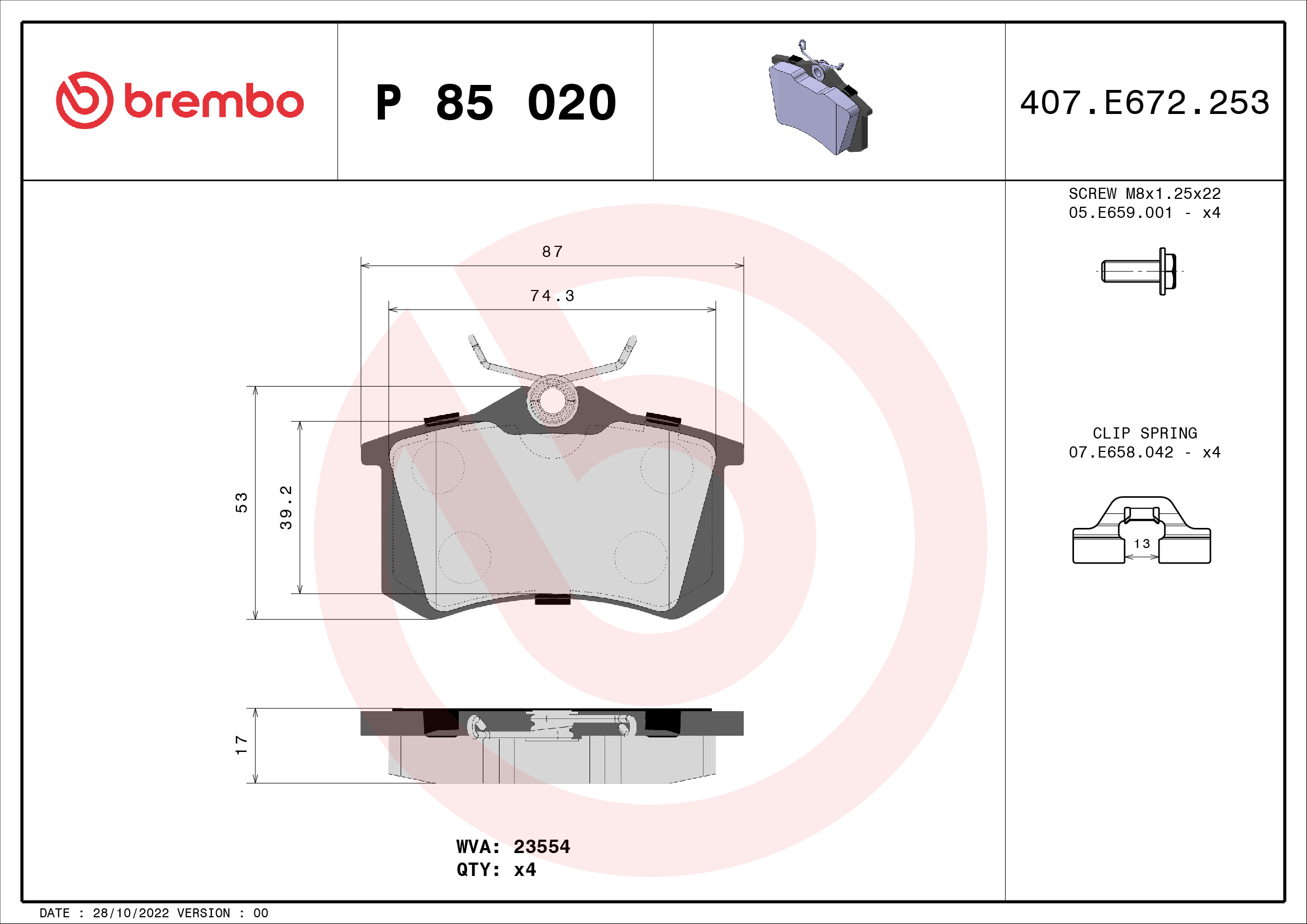 Комплект тормозных колодок, дисковый тормоз   P 85 020X   BREMBO