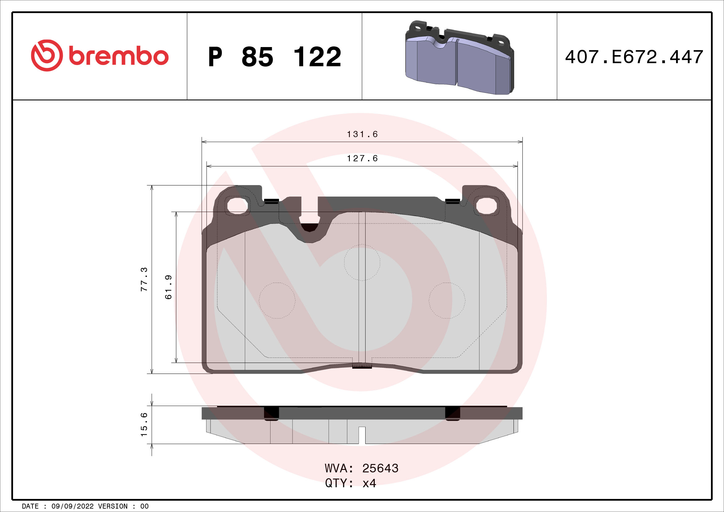 Комплект тормозных колодок, дисковый тормоз   P 85 122   BREMBO