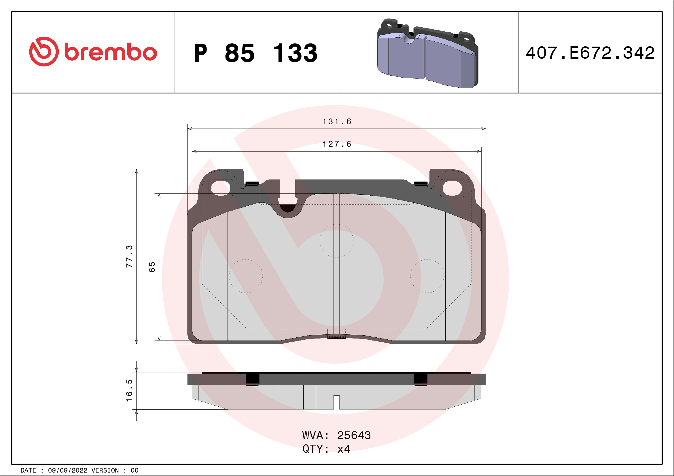 Комплект тормозных колодок, дисковый тормоз   P 85 133   BREMBO