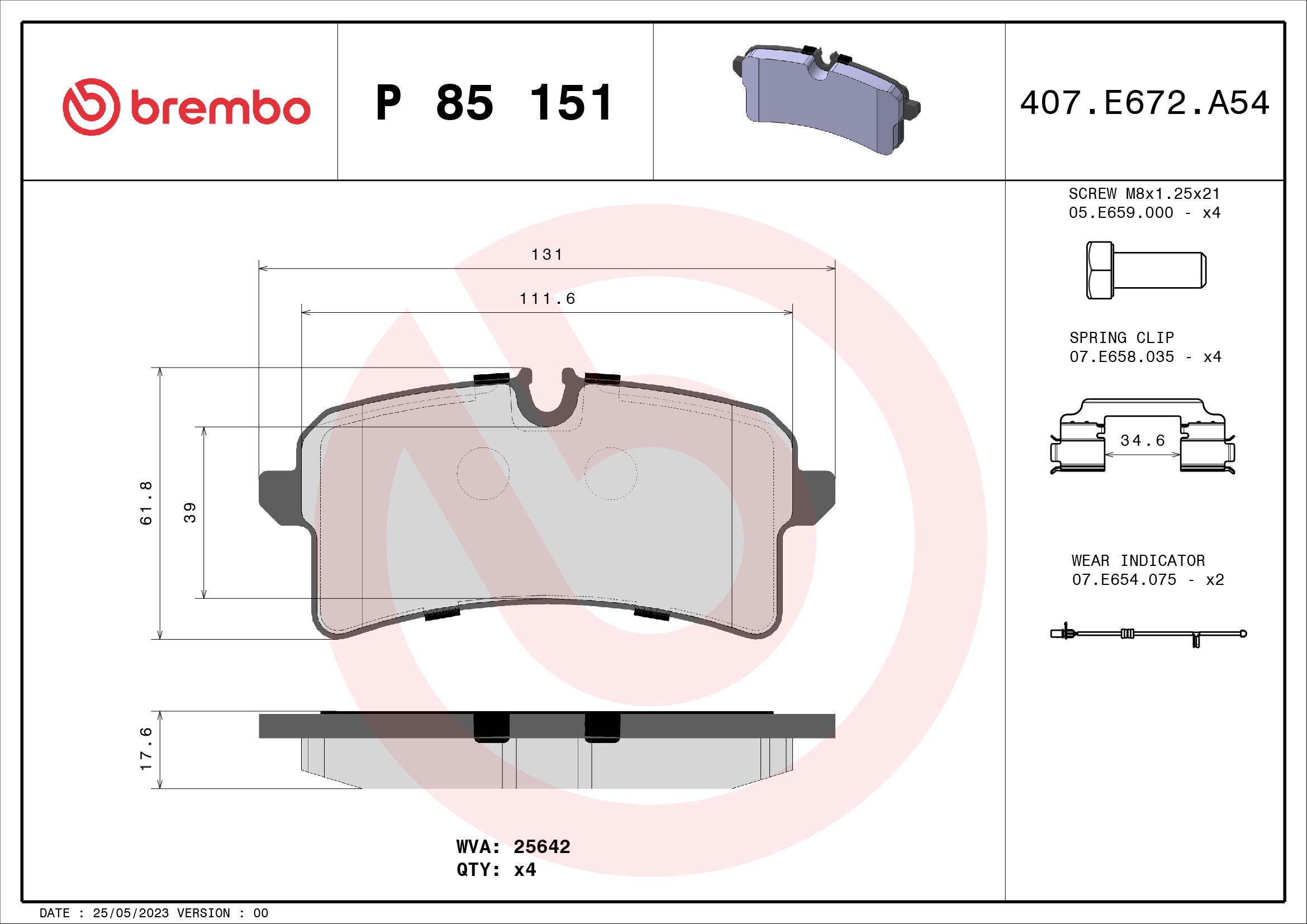 Комплект тормозных колодок, дисковый тормоз   P 85 151   BREMBO