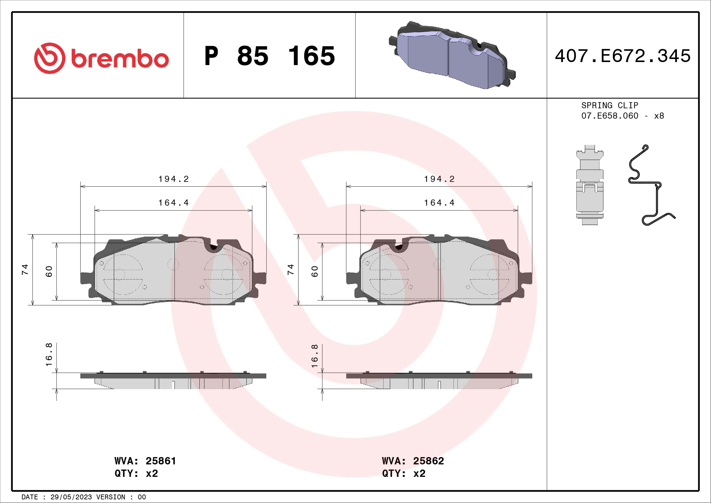 Комплект тормозных колодок, дисковый тормоз   P 85 165   BREMBO